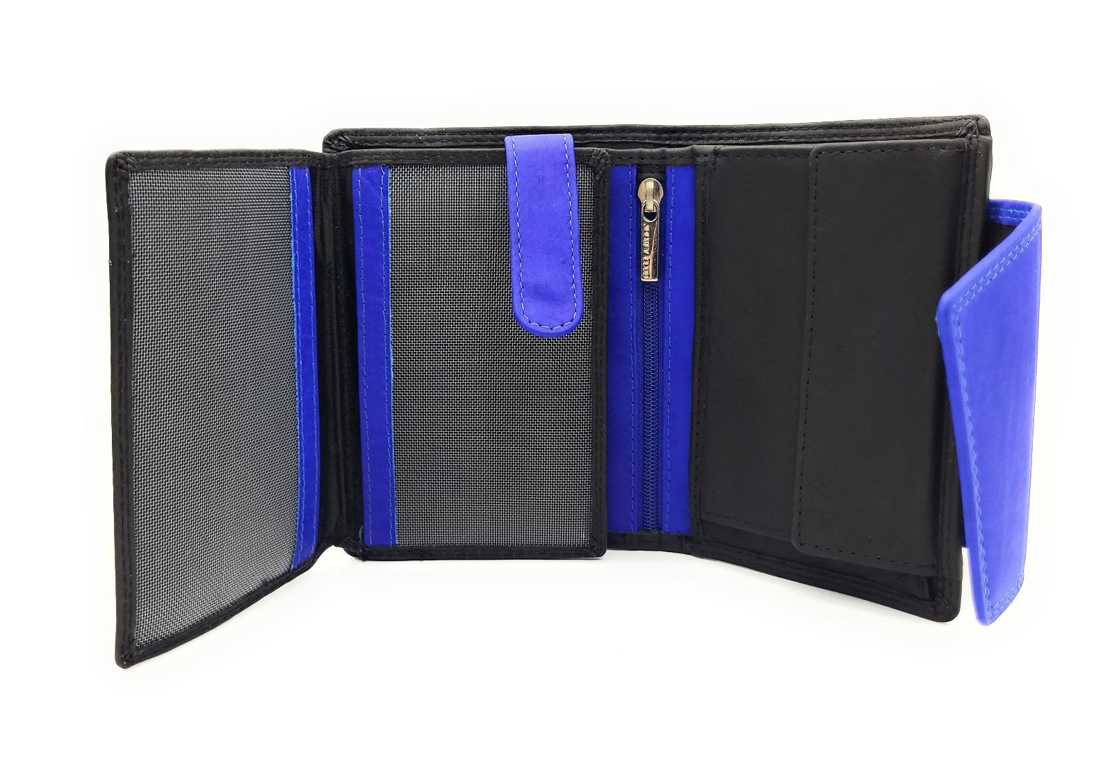 Jockey Club hochwertige Damen Geldbörse aus Echtleder mit RFID Schutz & Diagonalriegel – Handgefertigte Lederbörse mit vielen Fächern schwarz royalblau