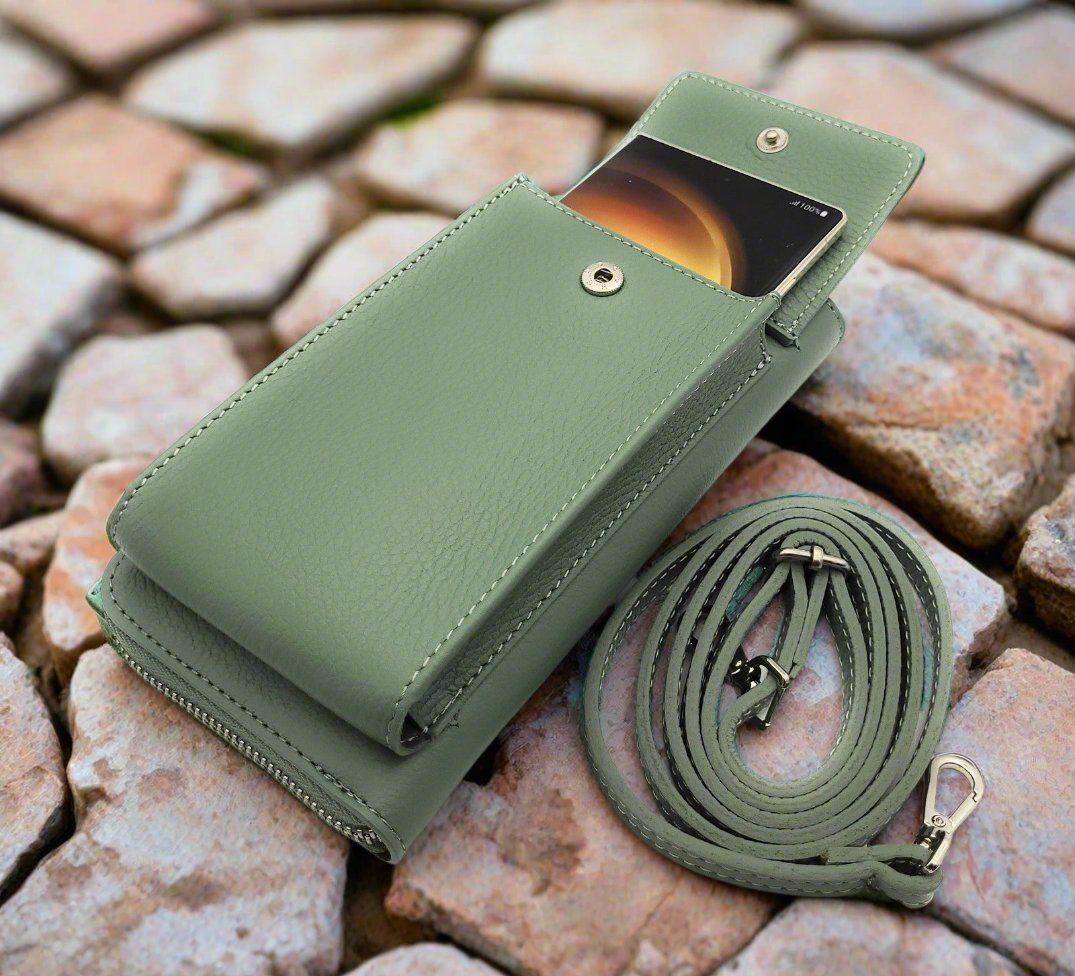 echt Leder Handybörse Smartphonetasche Geldbörse Umhängetasche made in Italy grün