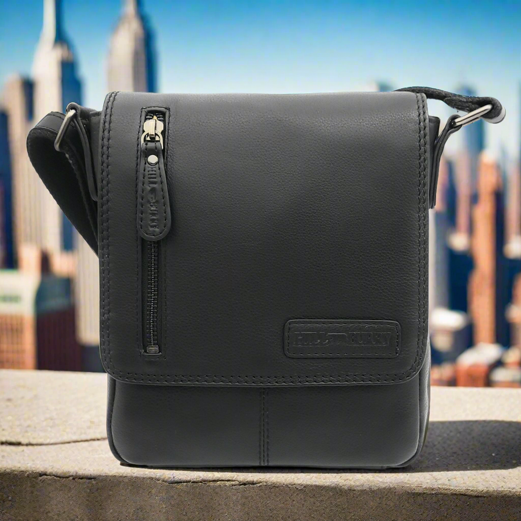 Hillburry Unisex Umhängetasche Schwarz – Echtleder Schultertasche für