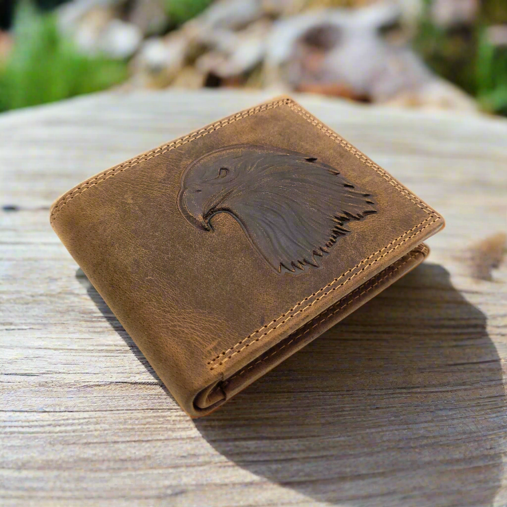 Echtleder-Geldbörse mit 3D-Adlerkopf-Prägung - Handgefertigt mit 9 Kartenfächern und 3 Sichtfächern