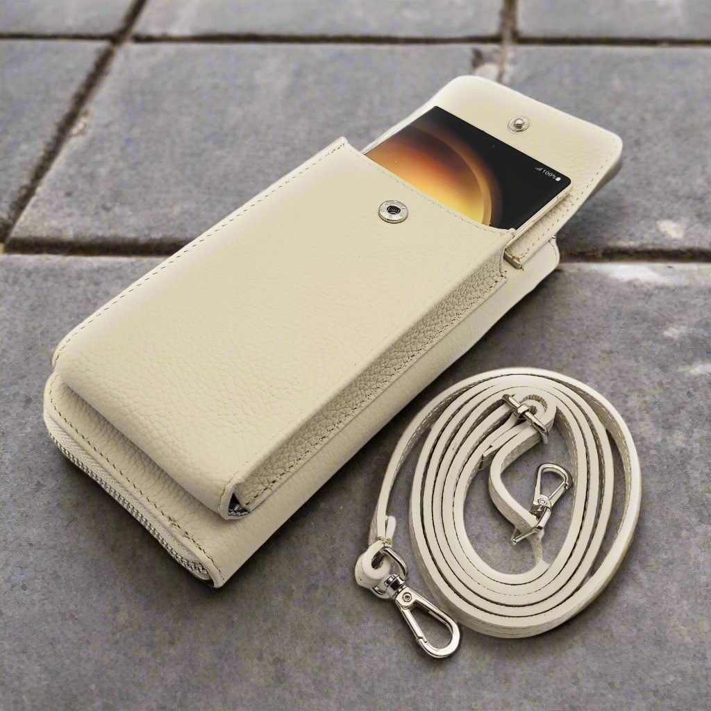 echt Leder Handybörse Smartphonetasche Geldbörse Umhängetasche made in Italy cremeweiß