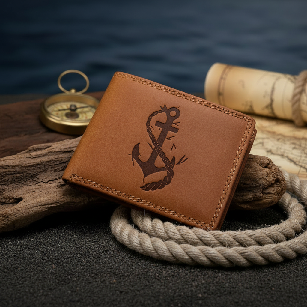 echt Leder Geldbörse Portemonnaie Geldbeutel mit RFID Schutz Anker maritim braun