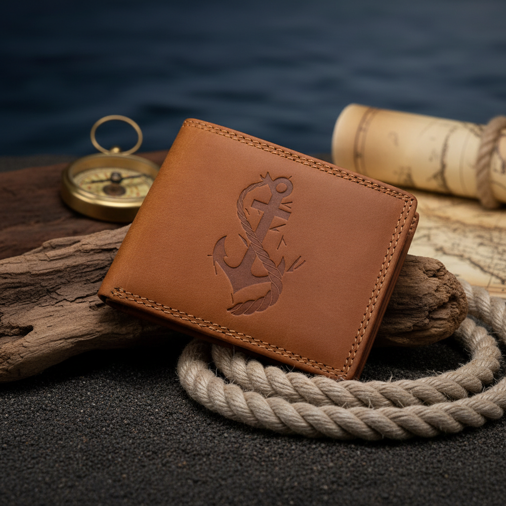 echt Leder Geldbörse Portemonnaie Geldbeutel mit RFID Schutz Anker maritim braun