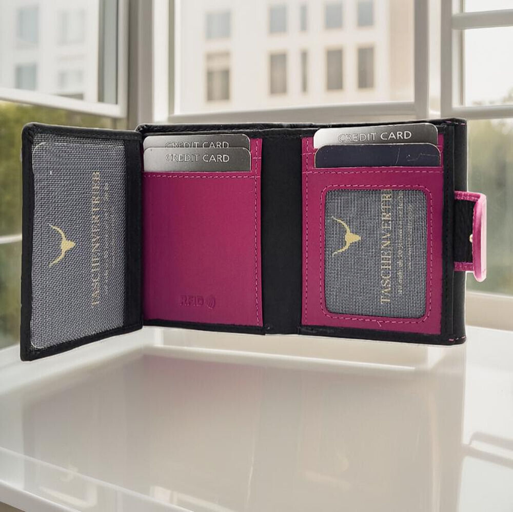 Jockey Club kleine echt Leder Geldbörse Portemonnaie Wendebörse mit RFID Schutz schwarz pink