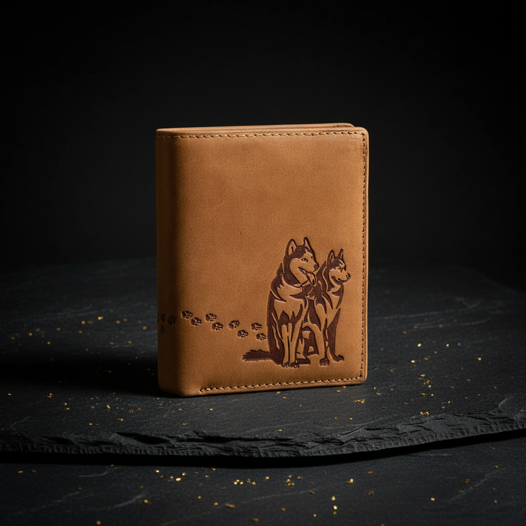 echt Leder Geldbörse Portemonnaie Huskies Husky Hunde mit RFID NFC Schutz cognac