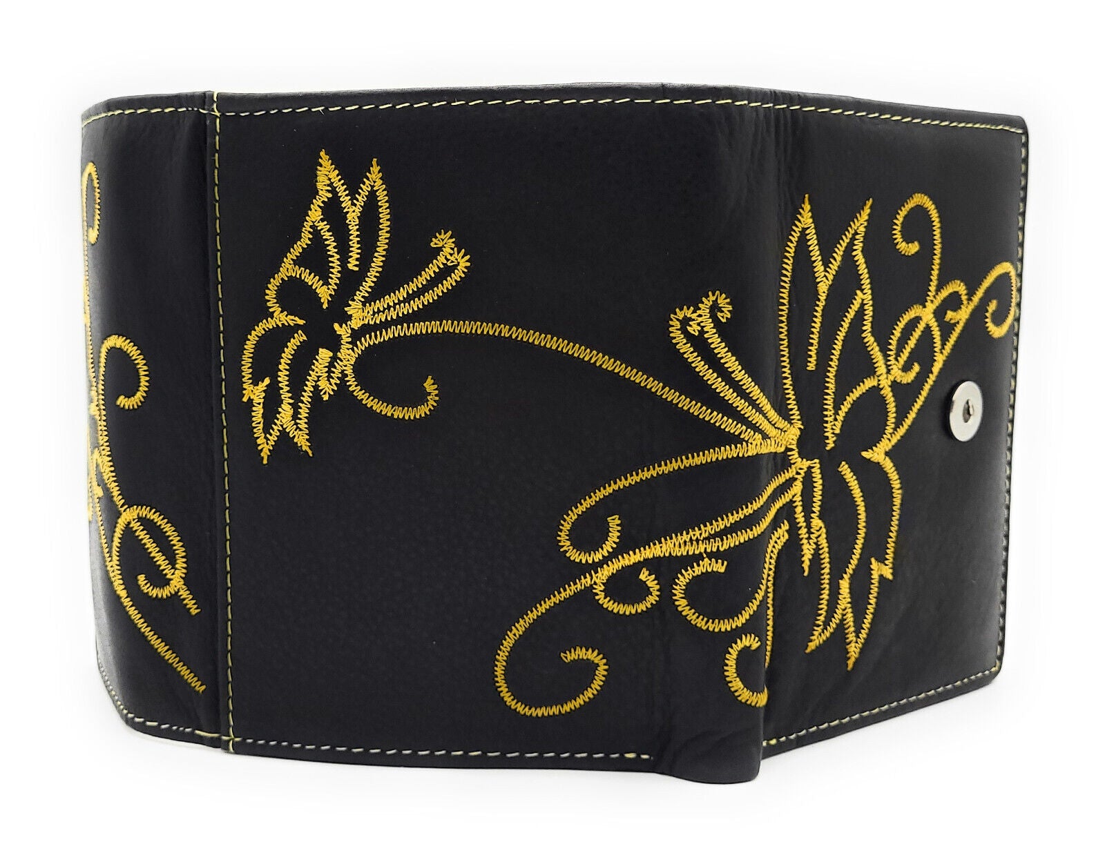 Jockey Club echt Leder Damen Geldbörse mit Stickerei Schmetterling + RFID Schutz schwarz gelb