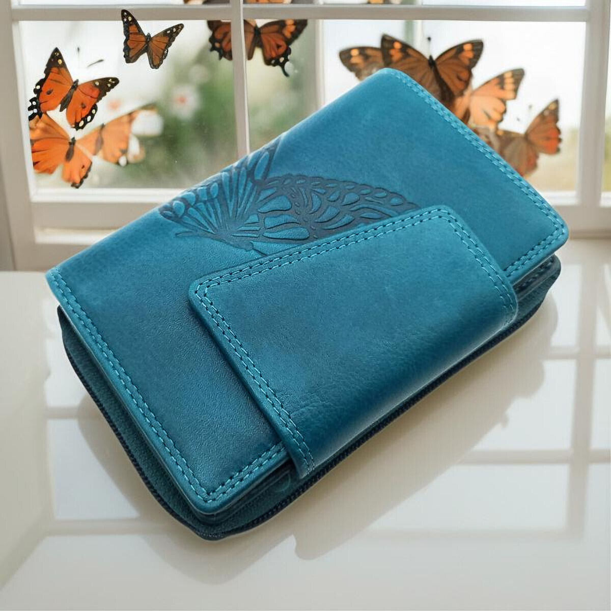 Jockey Club echt Leder Geldbörse Portemonnaie Geldbeutel Schmetterling mit RFID Schutz petrol blau