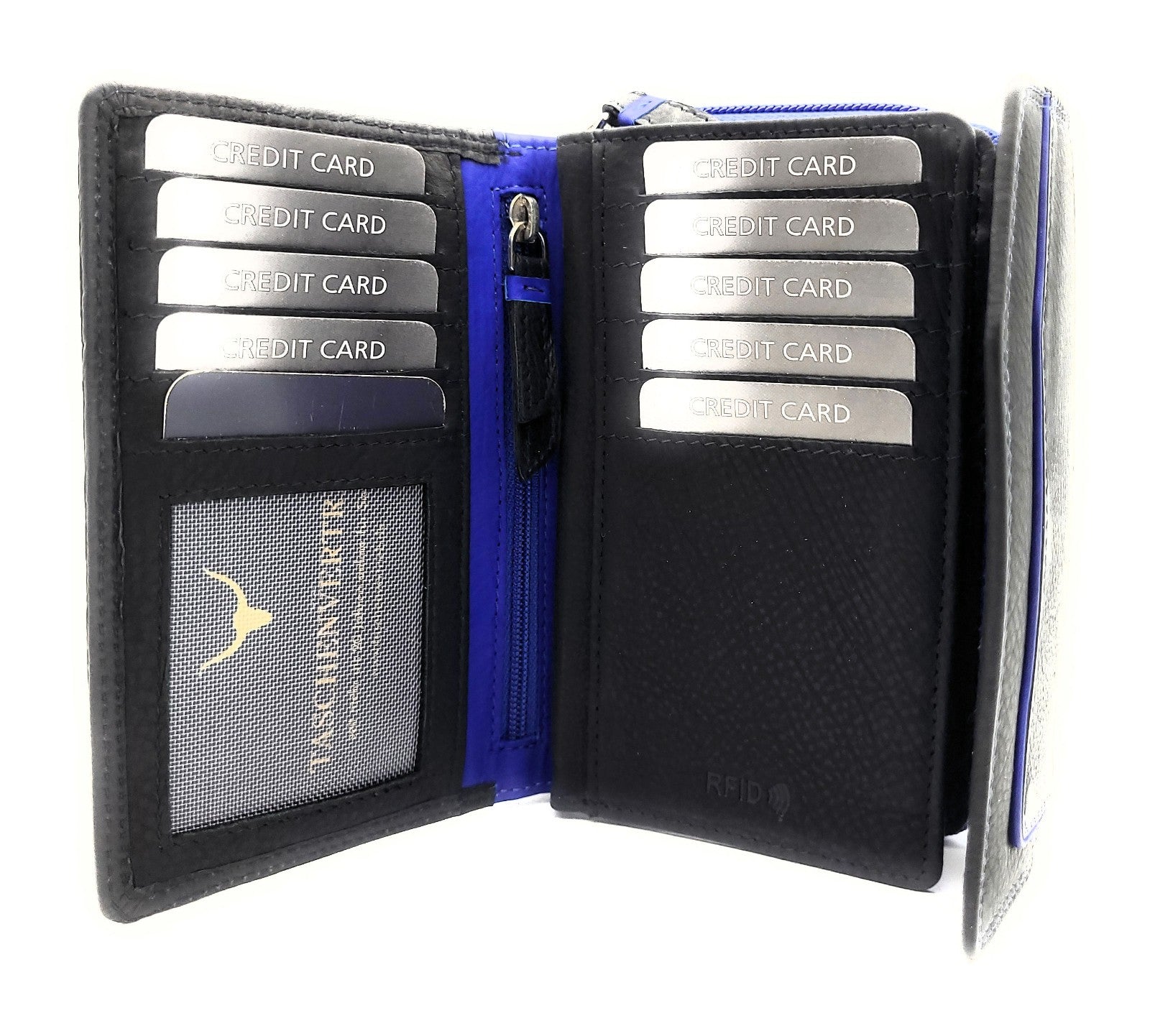 Jockey Club Geldbörse aus echtem Rindleder im Triangel-Design mit Druckknopf-Überschlag, RFID-Schutz, 9 Kartenfächern, Sichtfächern, Münzfach & Doppelnaht schwarz royalblau