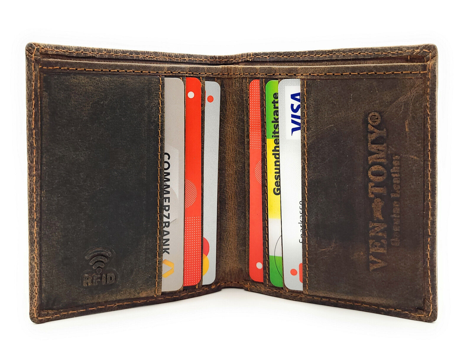 Ven Tomy echt Leder Mini Geldbörse Portemonnaie 6 Kartenfächer Büffelleder mit RFID Schutz braun