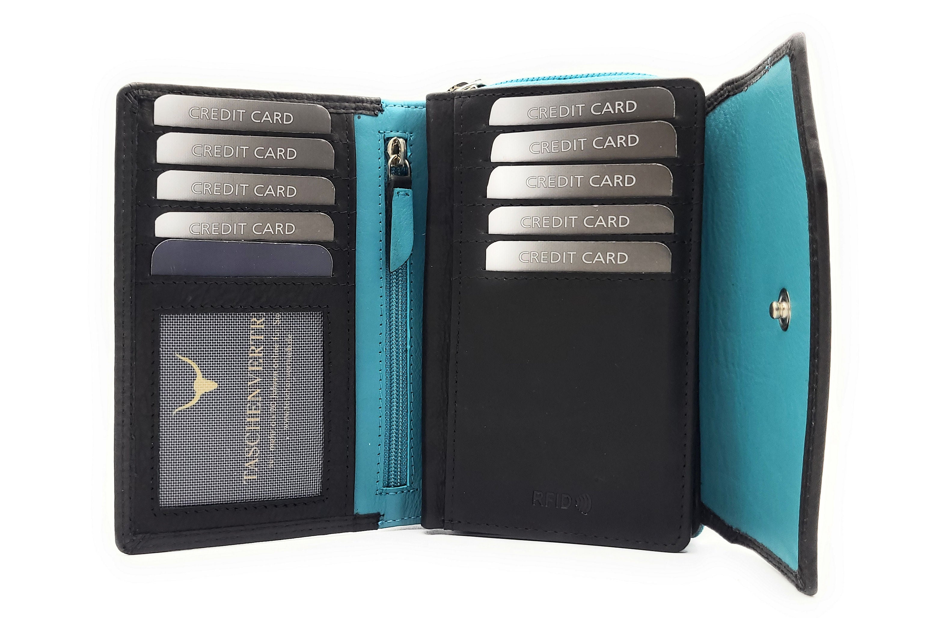 Jockey Club Leder-Geldbörse mit RFID-Schutz – Triangel-Design schwarz-türkis