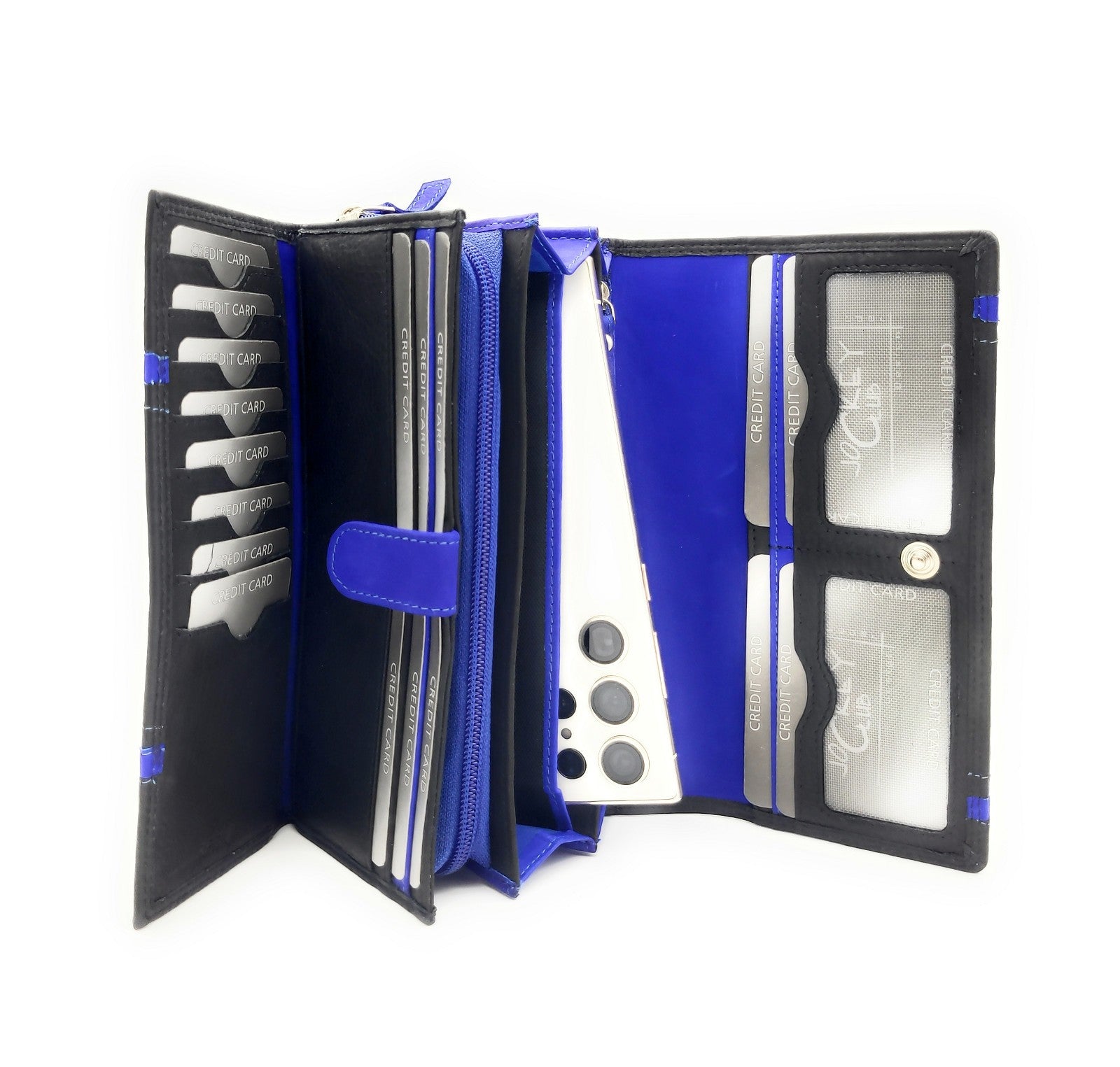 Jockey Club XL echt Leder Damen Geldbörse Portemonnaie 16 Kartenfächer mit RFID Schutz schwarz royalblau