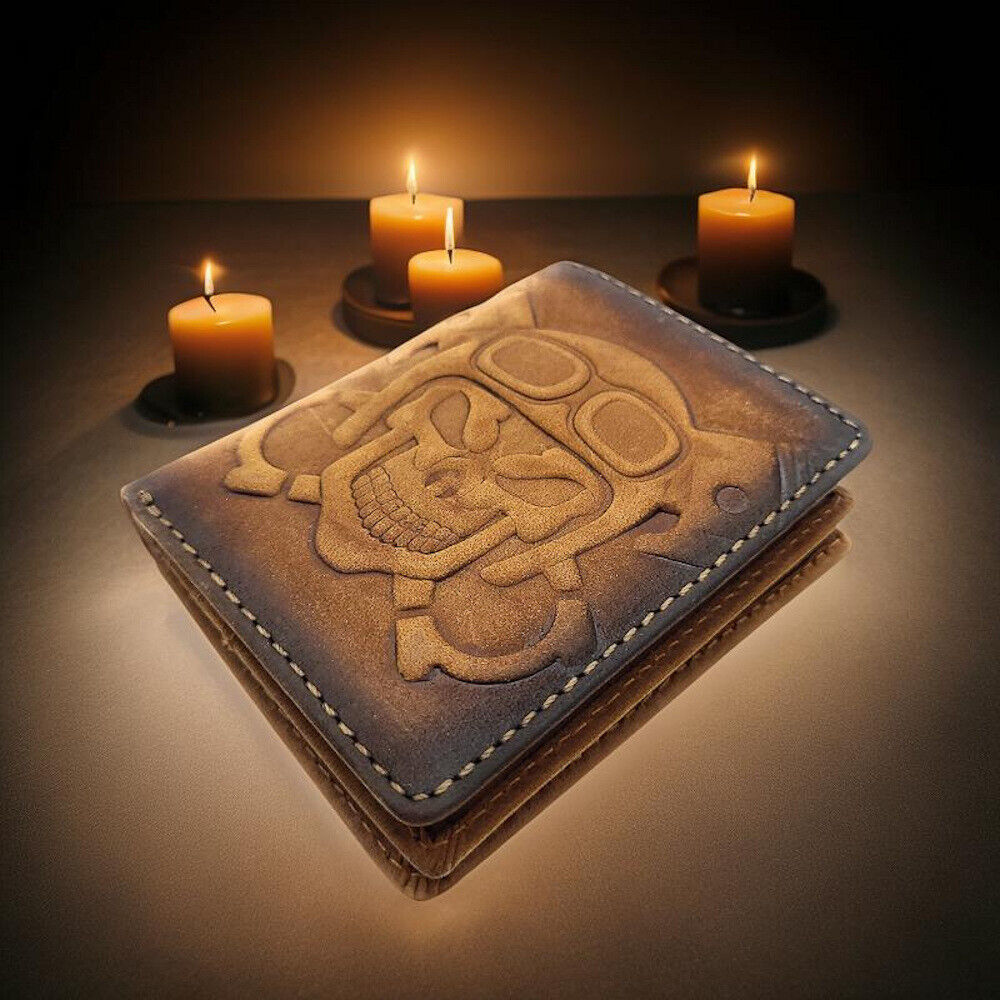 Jockey Club echt Leder Mini Geldbörse Portemonnaie 3D Totenkopf mit RFID Schutz