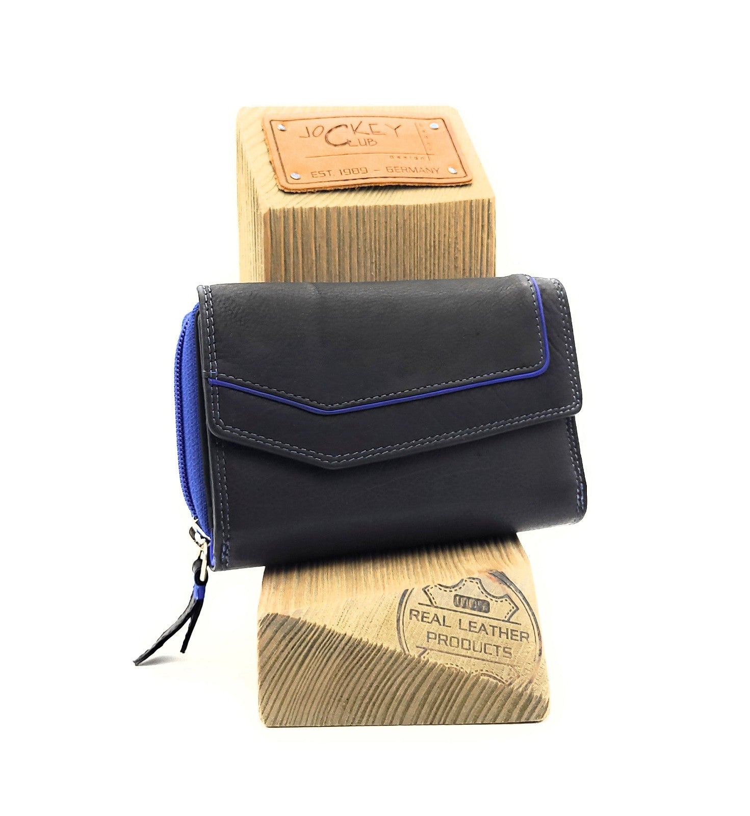 Jockey Club Geldbörse aus echtem Rindleder im Triangel-Design mit Druckknopf-Überschlag, RFID-Schutz, 9 Kartenfächern, Sichtfächern, Münzfach & Doppelnaht schwarz royalblau