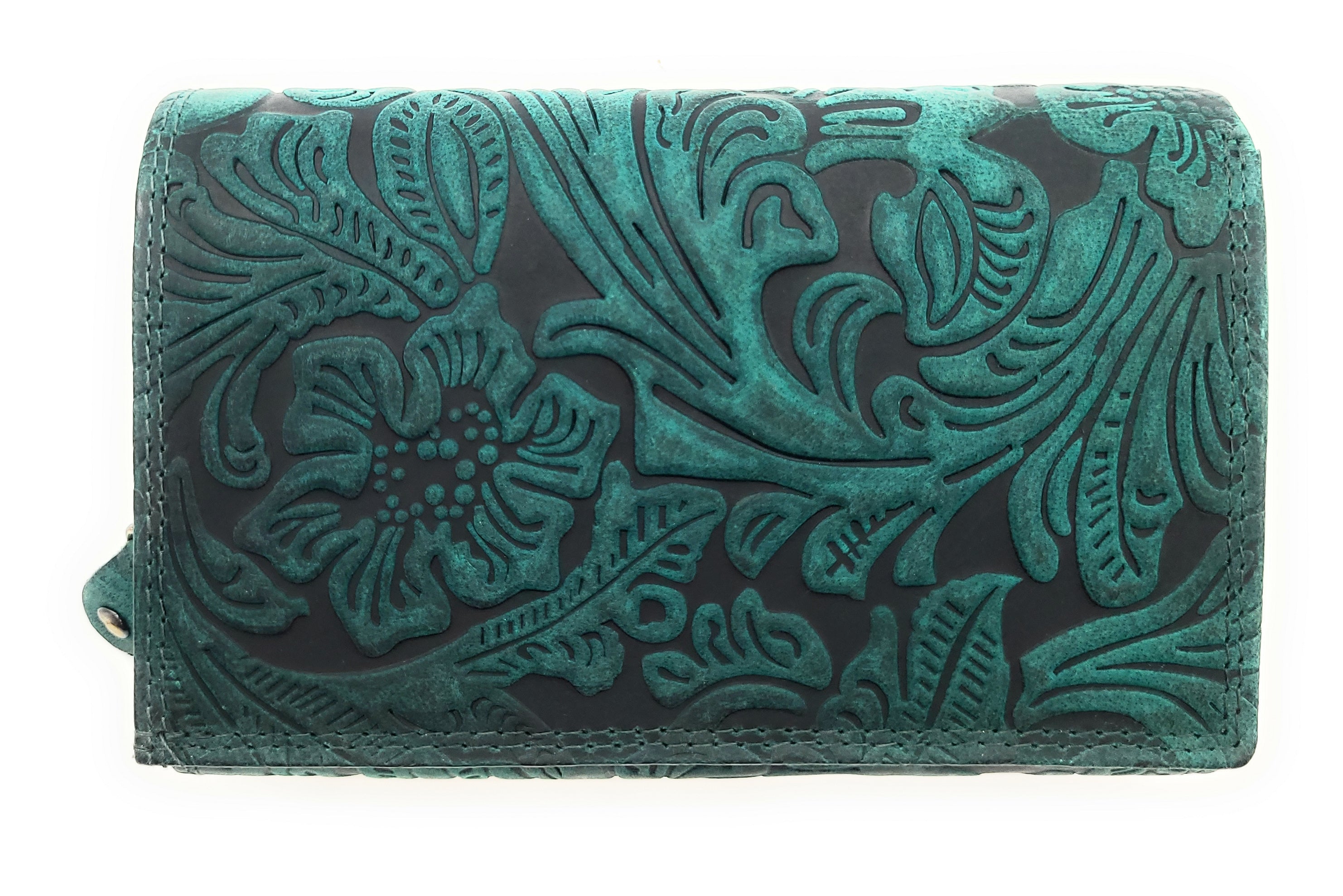 Geldbörse Damen Leder mit RFID Schutz und 12 Fächern | Büffelleder Portemonnaie floral geprägt | grün