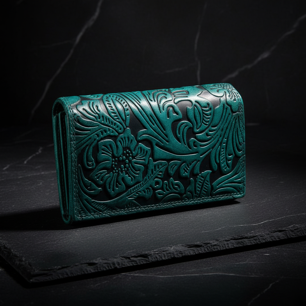 Geldbörse Damen Leder mit RFID Schutz und 12 Fächern | Büffelleder Portemonnaie floral geprägt | grün