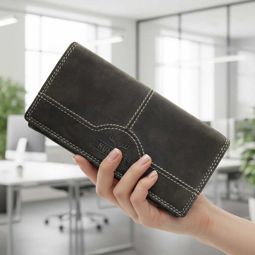 Lemsai XXL Damen Wende-Geldbörse Hunterleder Grau RFID 19 Kartenfächer