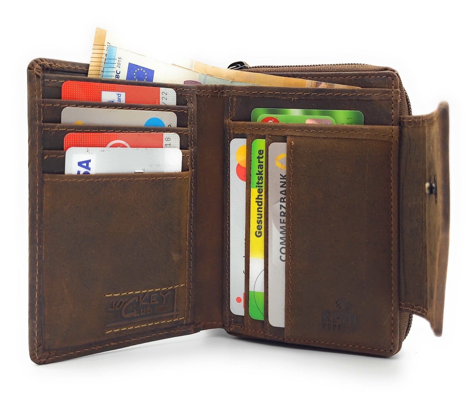 Jockey Club Geldbörse Hunterleder Braun mit Katzenprägung & RFID Schutz – 11 Kartenfächer, Sichtfach, Münzfach