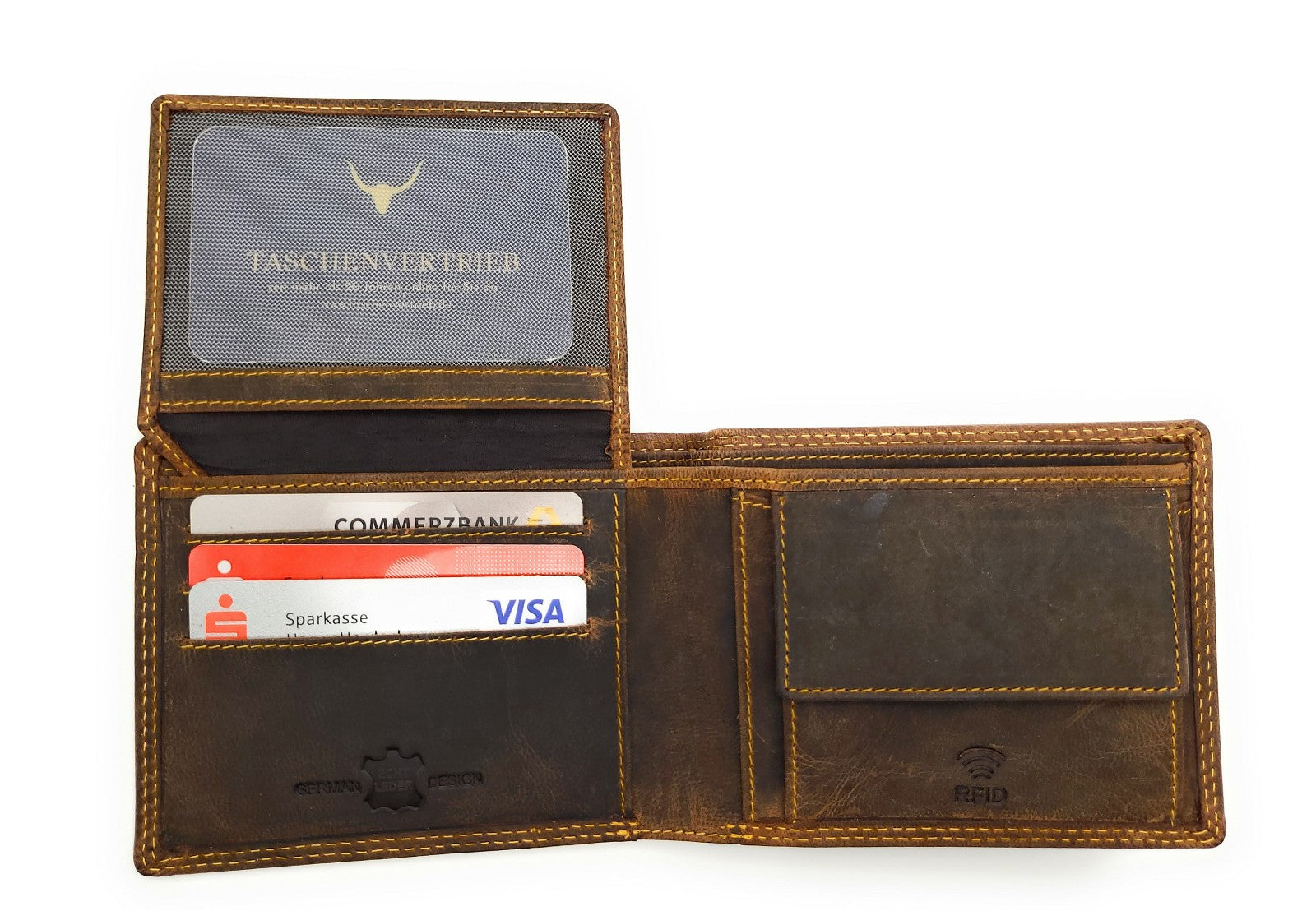 Hunterleder Portemonnaie Querformat mit RFID-Schutz – 6 Kartenfächer, Münzfach, Doppelnaht, bestes Preis-Leistungs-Verhältnis