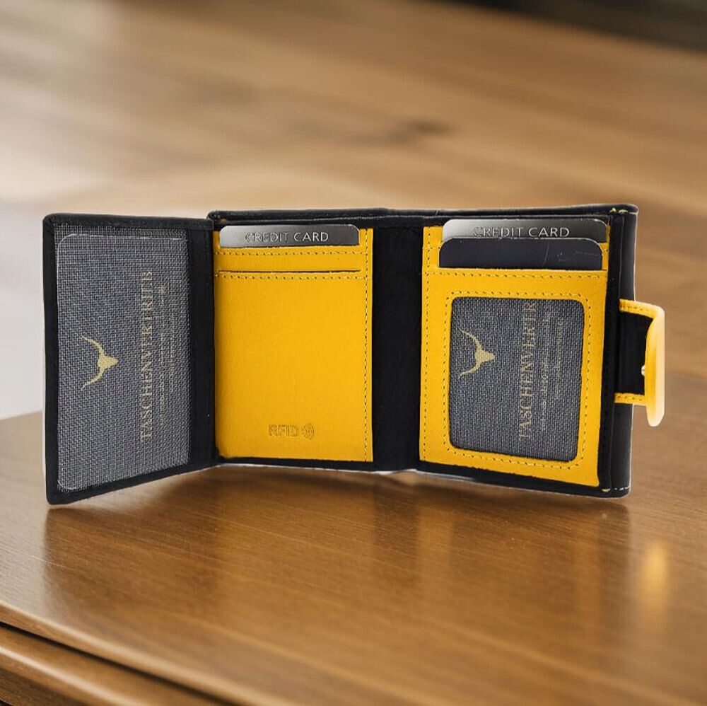 Jockey Club kleine echt Leder Geldbörse Portemonnaie Wendebörse mit RFID Schutz schwarz gelb