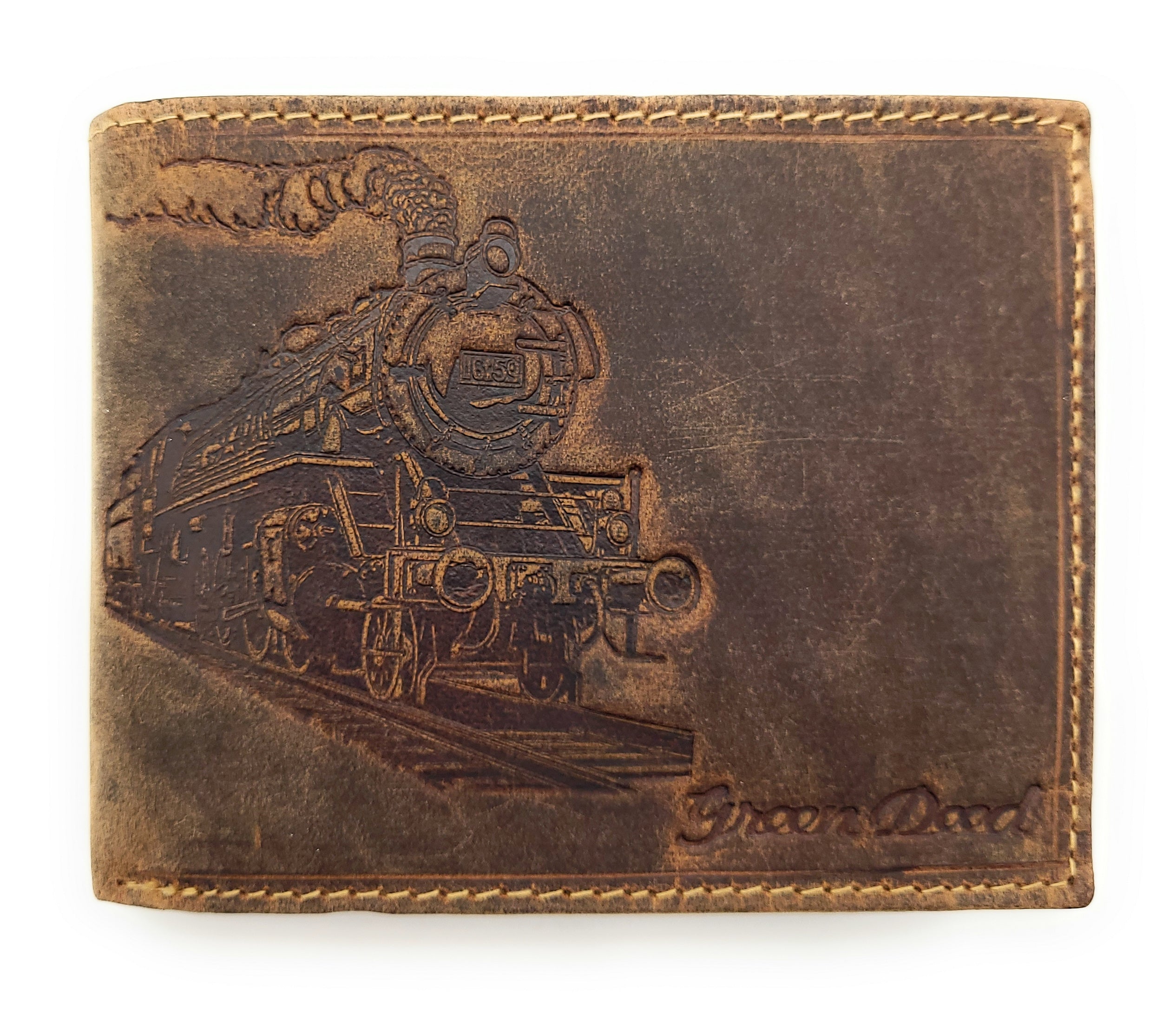 Green Deed Geldbörse aus Hunterleder – Dunkelbraun mit geprägtem Dampflok-Motiv, RFID-Schutz & Geschenkbox