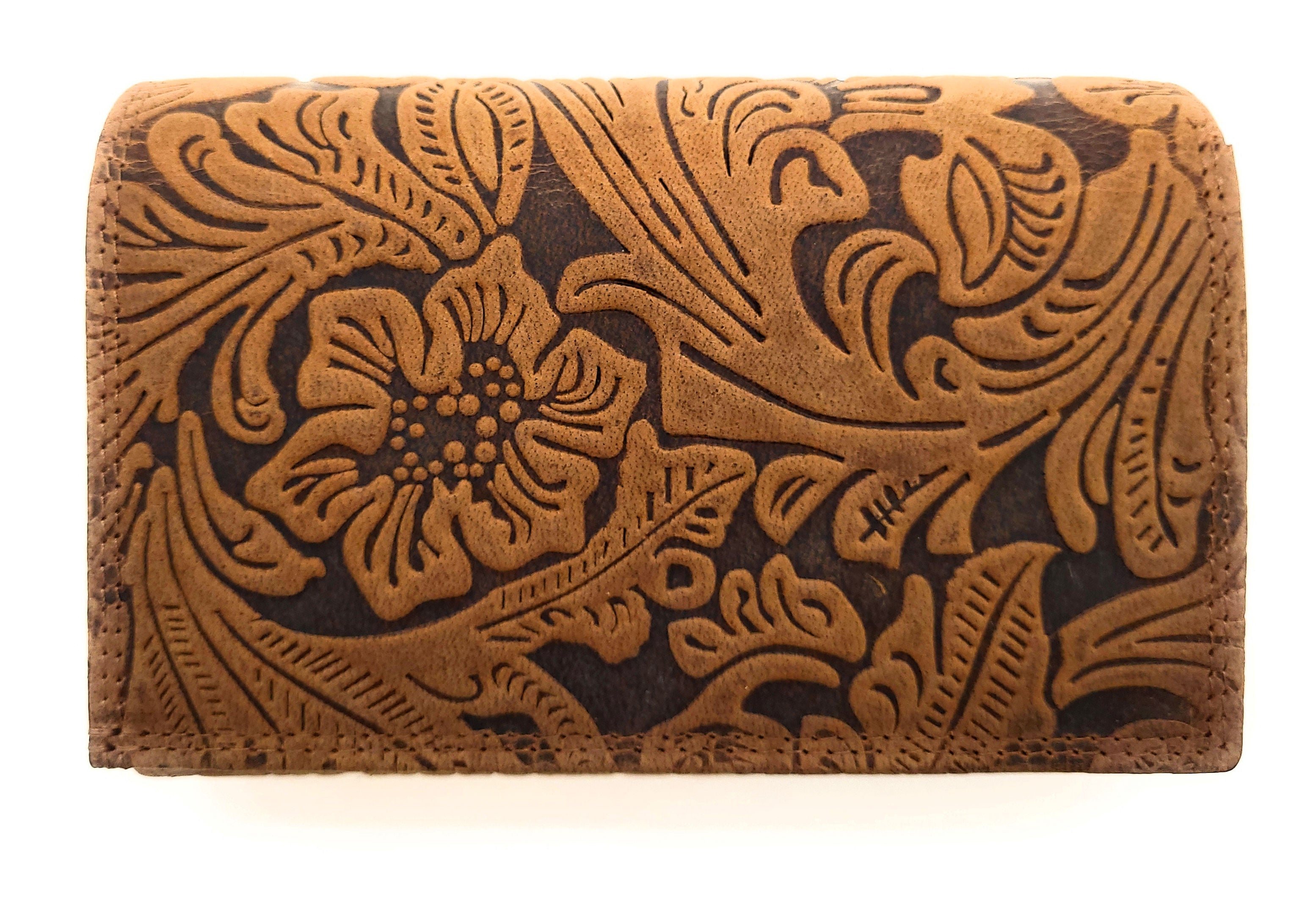 Damen Geldbörse Büffelleder | RFID Schutz | 12 Kartenfächer | Floral geprägt