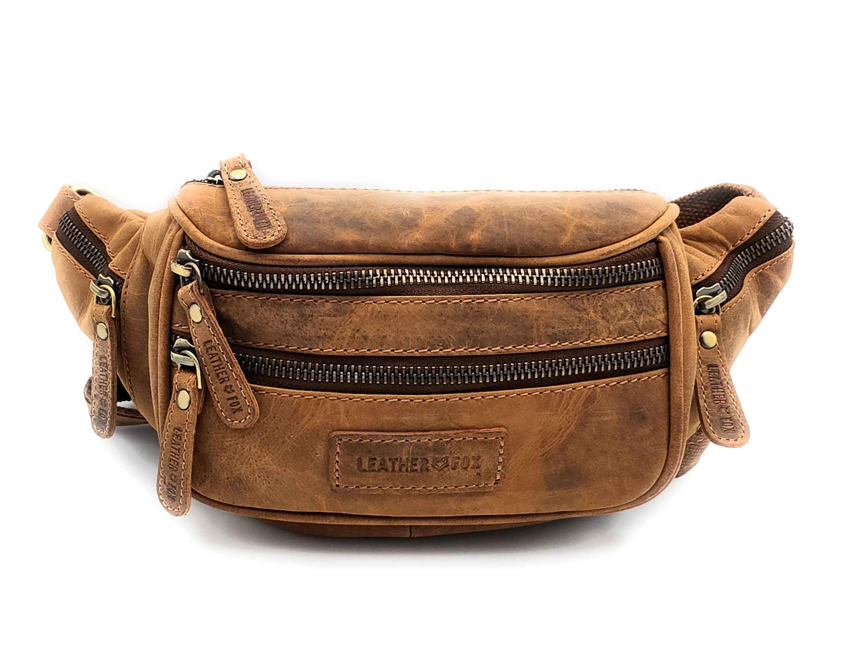 Leatherfox Bauchtasche aus Hunterleder – robuste Leder-Gürteltasche mit 6 Fächern & verstellbarem Hüftgurt, Metallreißverschlüsse