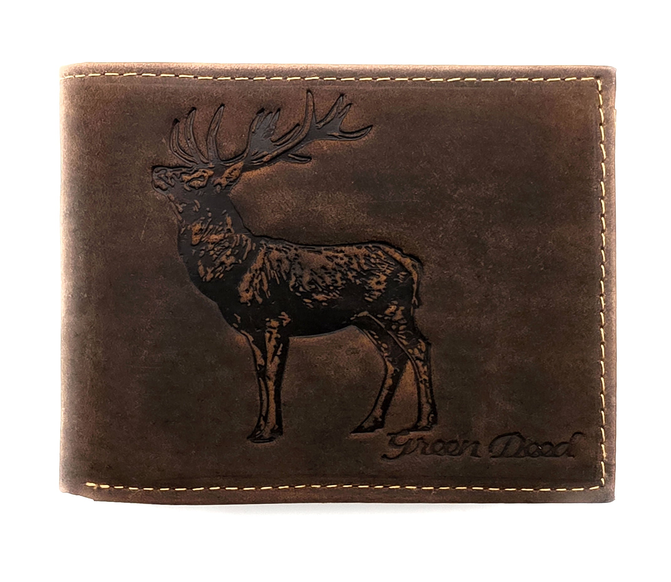 Green Deed Geldbörse aus Hunterleder – Dunkelbraun mit geprägtem Hirsch & RFID-Schutz