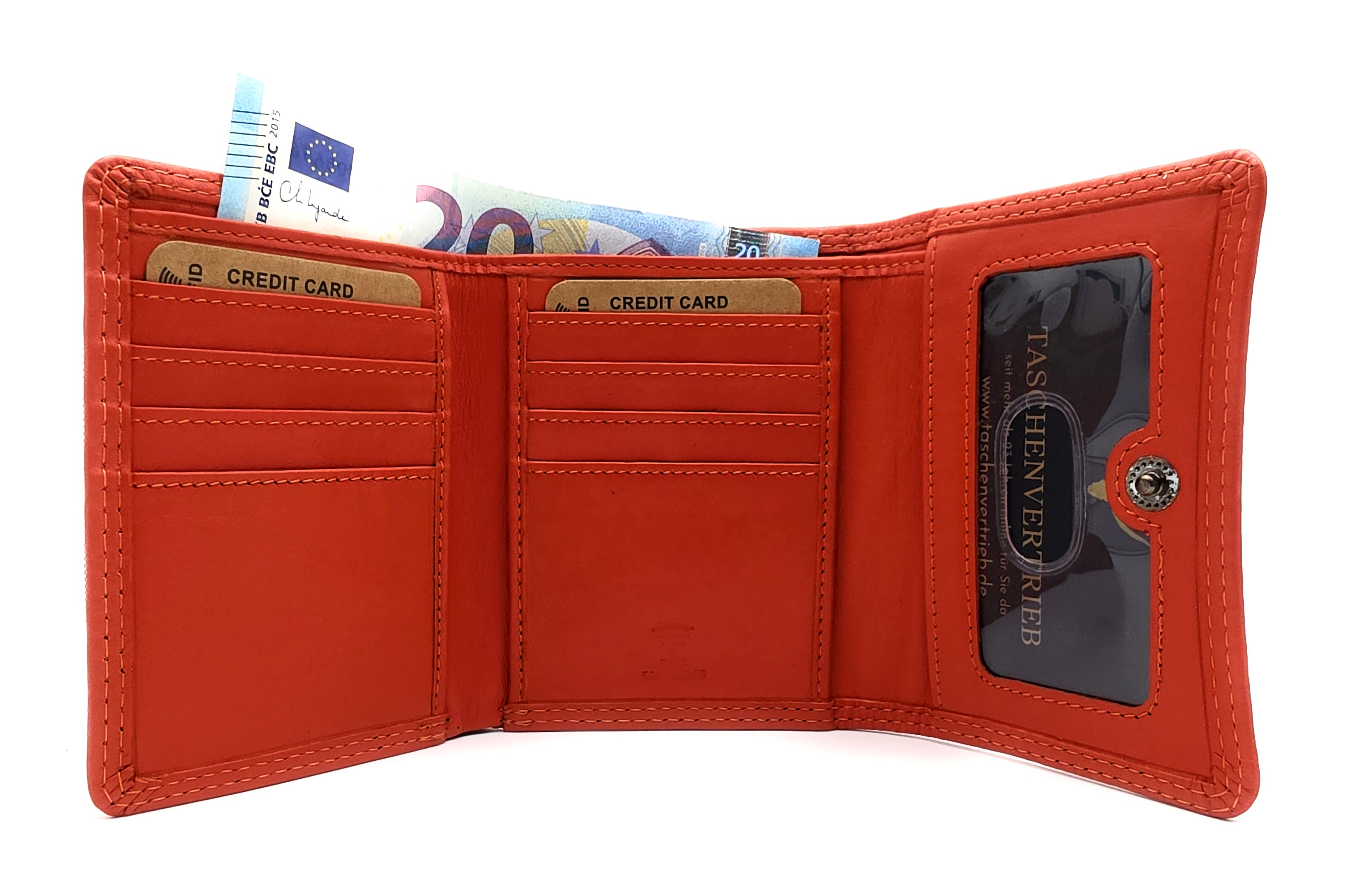 Lemasi Damen Geldbörse Nappaleder Orange – RFID Schutz, 8 Kartenfächer, Druckknopf
