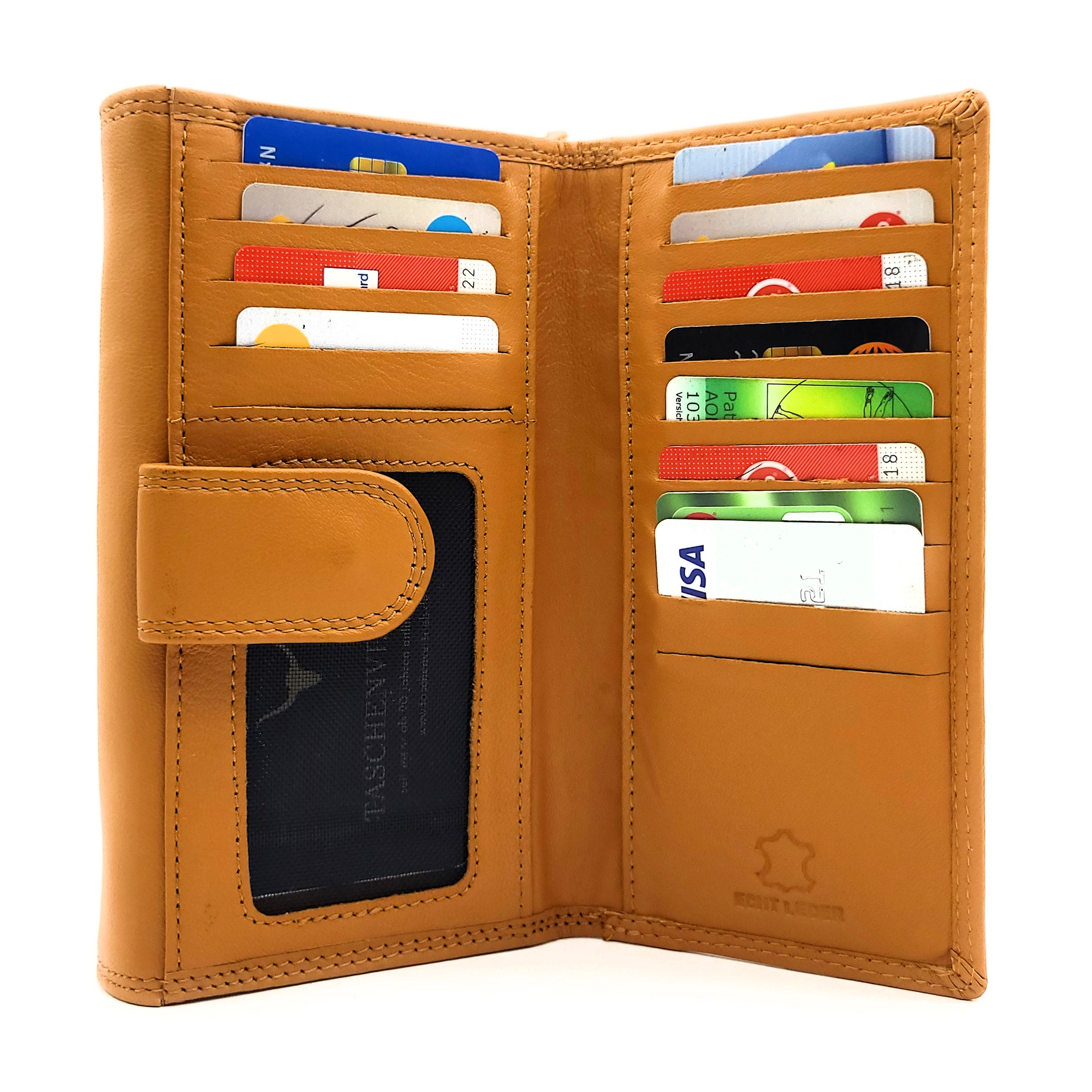 XXL Damenbörse Nappaleder RFID-Schutz – 18 Kartenfächer, Münzfach, Echtleder Geldbörse cognac