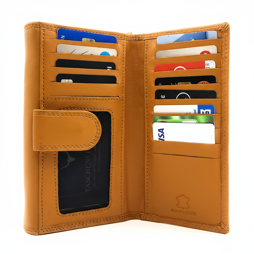 XXL Damenbörse Nappaleder RFID-Schutz – 18 Kartenfächer, Münzfach, Echtleder Geldbörse cognac