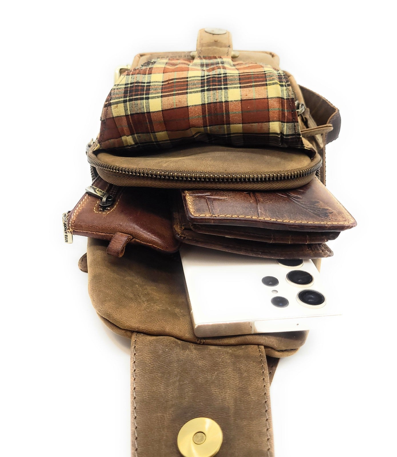 Leatherfox Slingbag aus echtem Hunterleder – mittelgroße Unisex-Umhängetasche mit 2 Fronttaschen, verstellbarem Gurt & karierter Innenausstattung