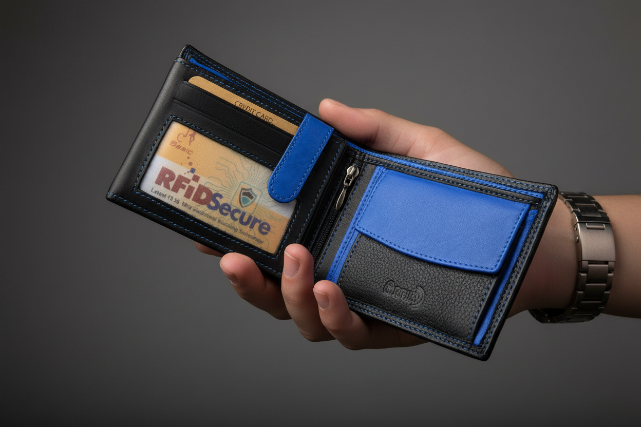 Jockey Club Basic echt Leder Geldbörse Portemonnaie RFID Schutz schwarz royalblau