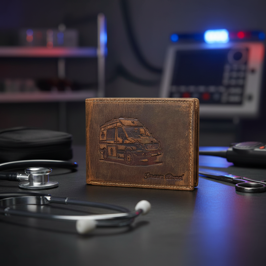 Green Deed Geldbörse aus Hunterleder – Dunkelbraun mit geprägtem Krankenwagen-Motiv & RFID-Schutz