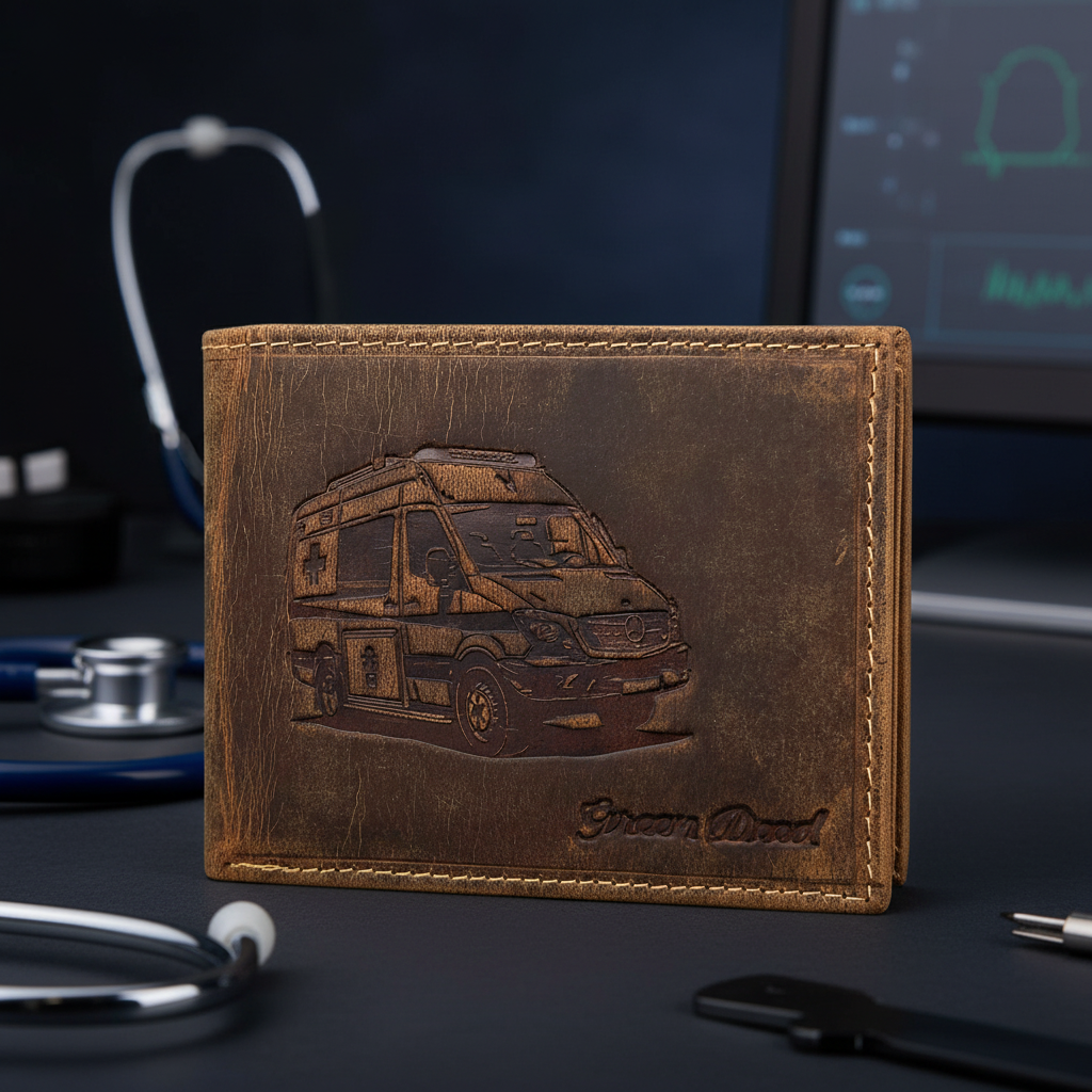 Green Deed Geldbörse aus Hunterleder – Dunkelbraun mit geprägtem Krankenwagen-Motiv & RFID-Schutz