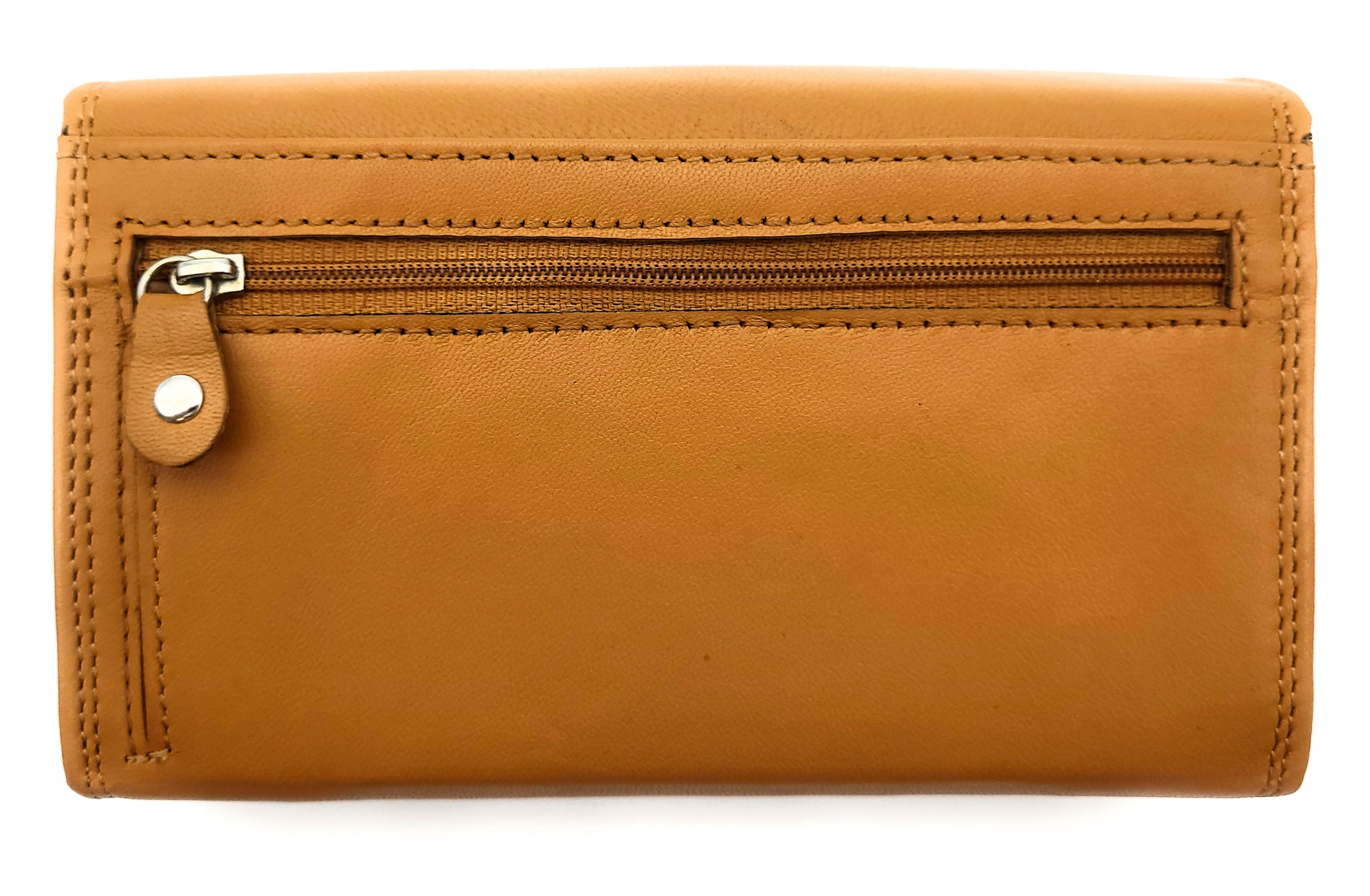 Damen Leder Geldbörse mit RFID Schutz - 12 Kartenfächer, Münzfach und Reißverschlussfächer - Portemonnaie Cognac