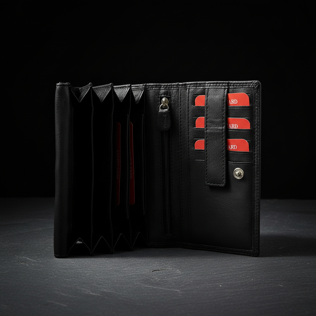 Damen Leder Geldbörse mit RFID Schutz - 12 Kartenfächer, Münzfach und Reißverschlussfächer - Portemonnaie Schwarz