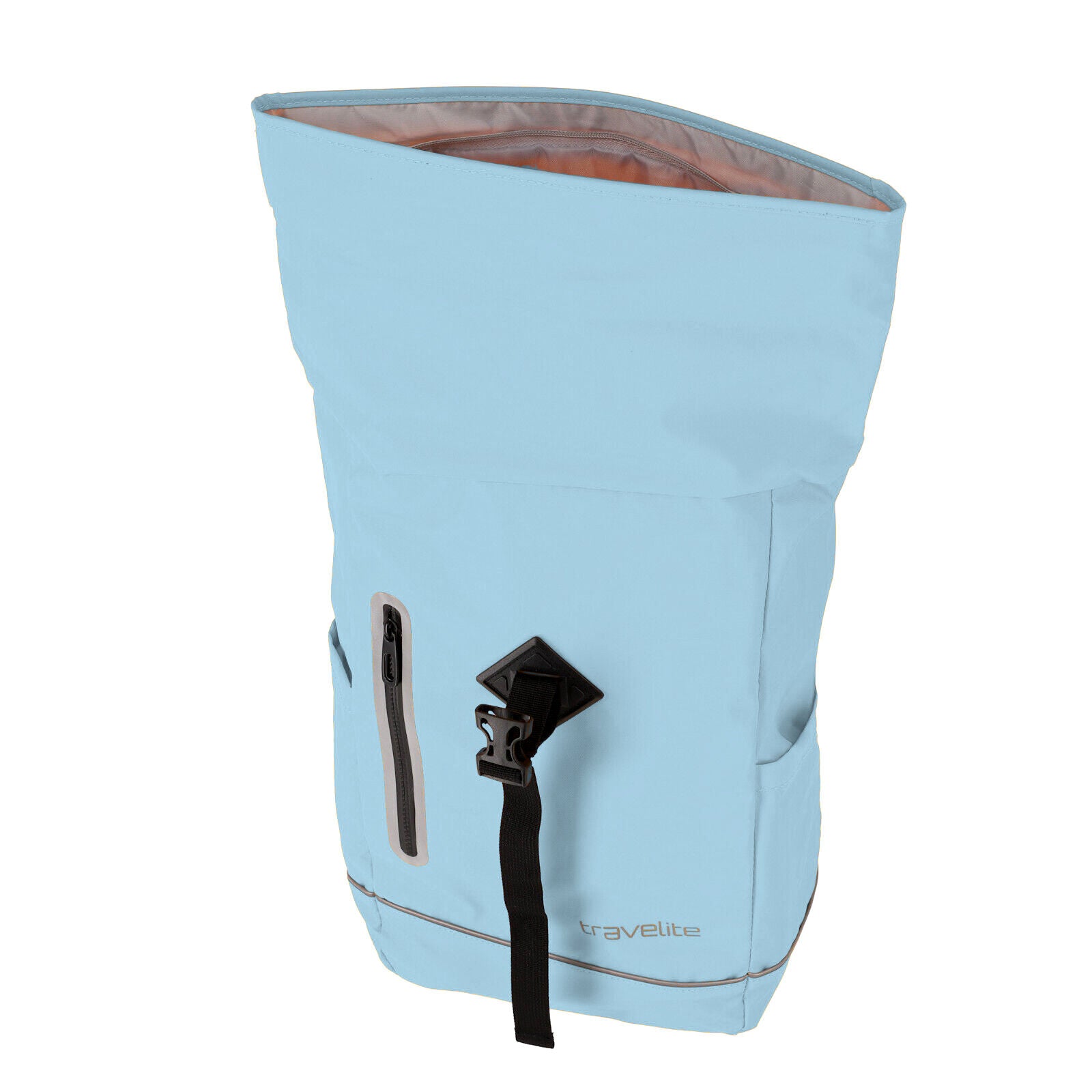 Travelite Rollup Fahrrad Rucksack Kurierrucksack Daypack aus wasserfester Plane mit Reflektoren pastell blau