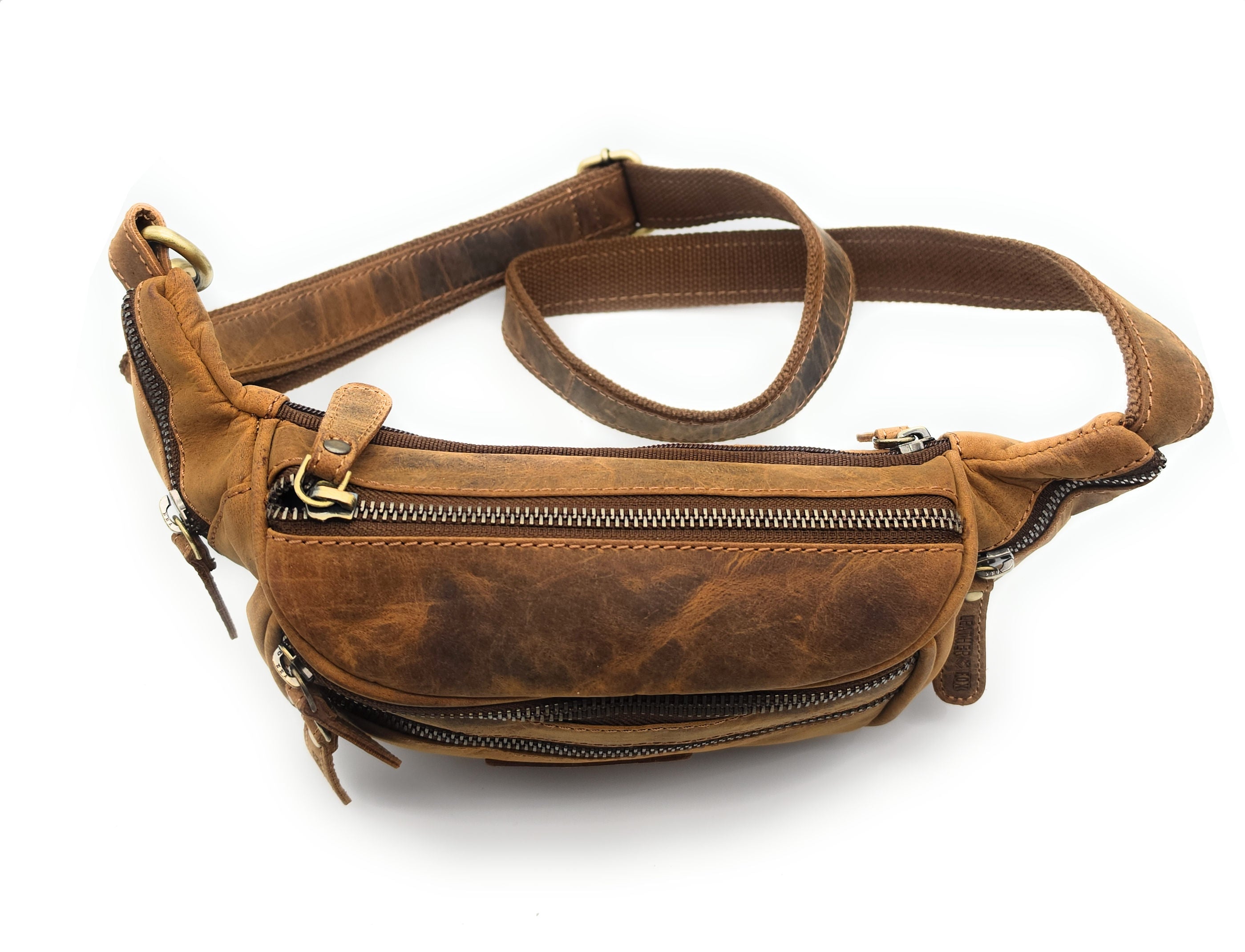 Leatherfox Bauchtasche aus Hunterleder – robuste Leder-Gürteltasche mit 6 Fächern & verstellbarem Hüftgurt, Metallreißverschlüsse