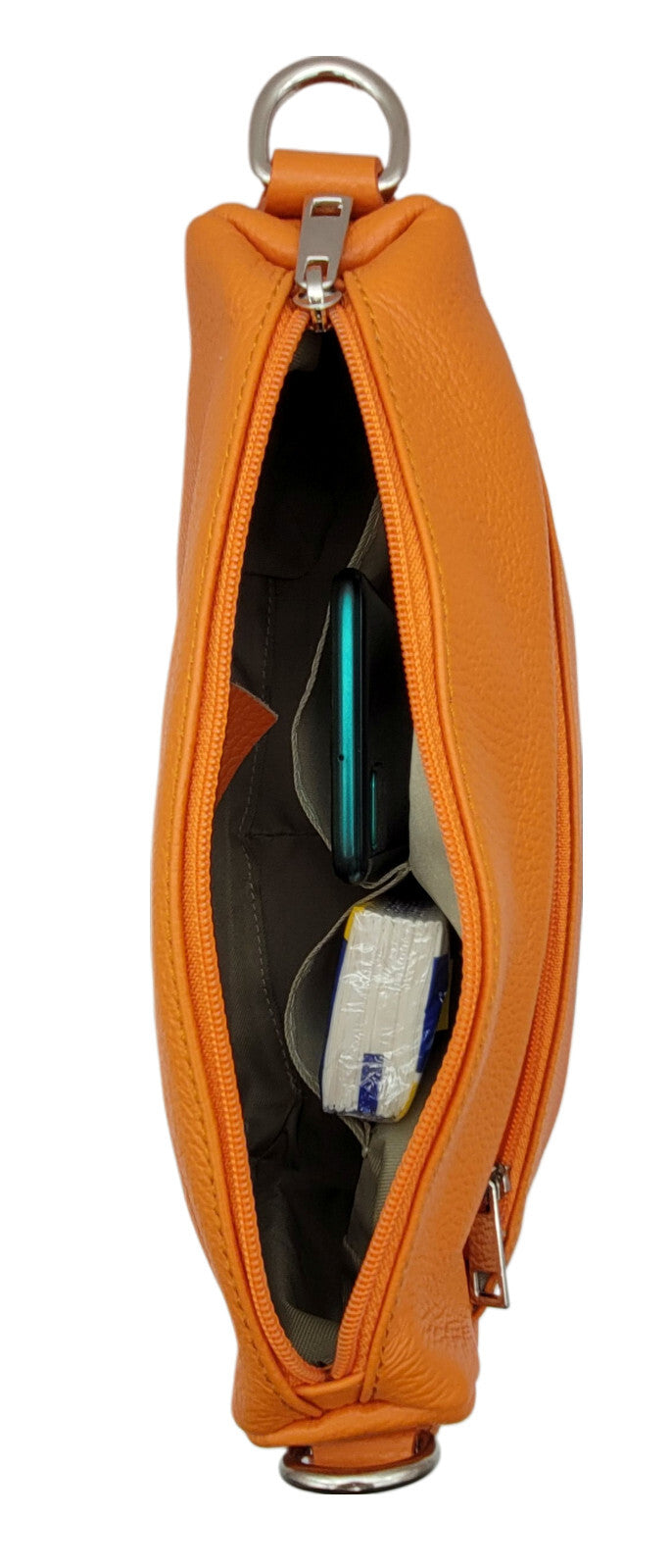 Kleine Handtasche aus echtem Leder – Made in Italy – mit 2 abnehmbaren Schultergurten & silbernen Details – Orange