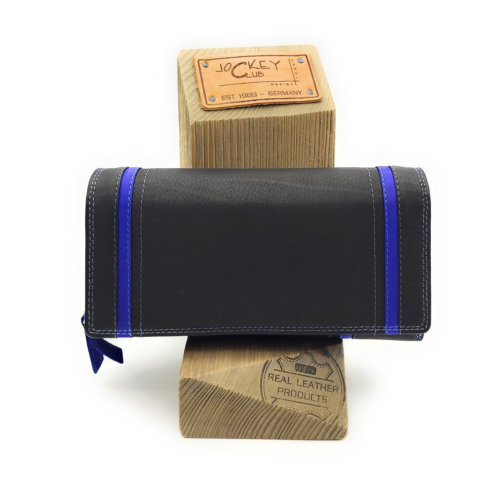 Jockey Club XL echt Leder Damen Geldbörse Portemonnaie 16 Kartenfächer mit RFID Schutz schwarz royalblau