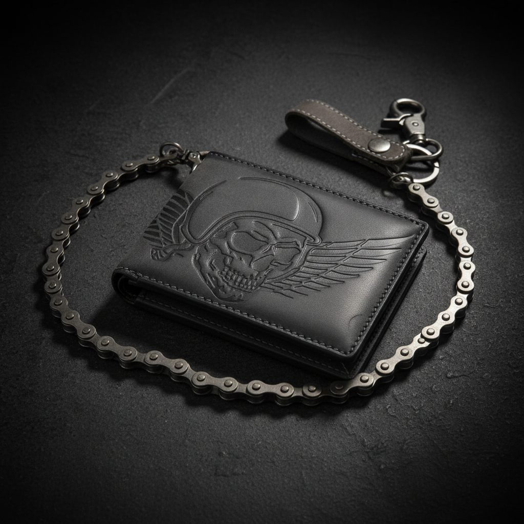 Jockey Club Biker Leder Geldbörse massive Fahrrad-Kette Portemonnaie Totenkopf mit RFID Schutz