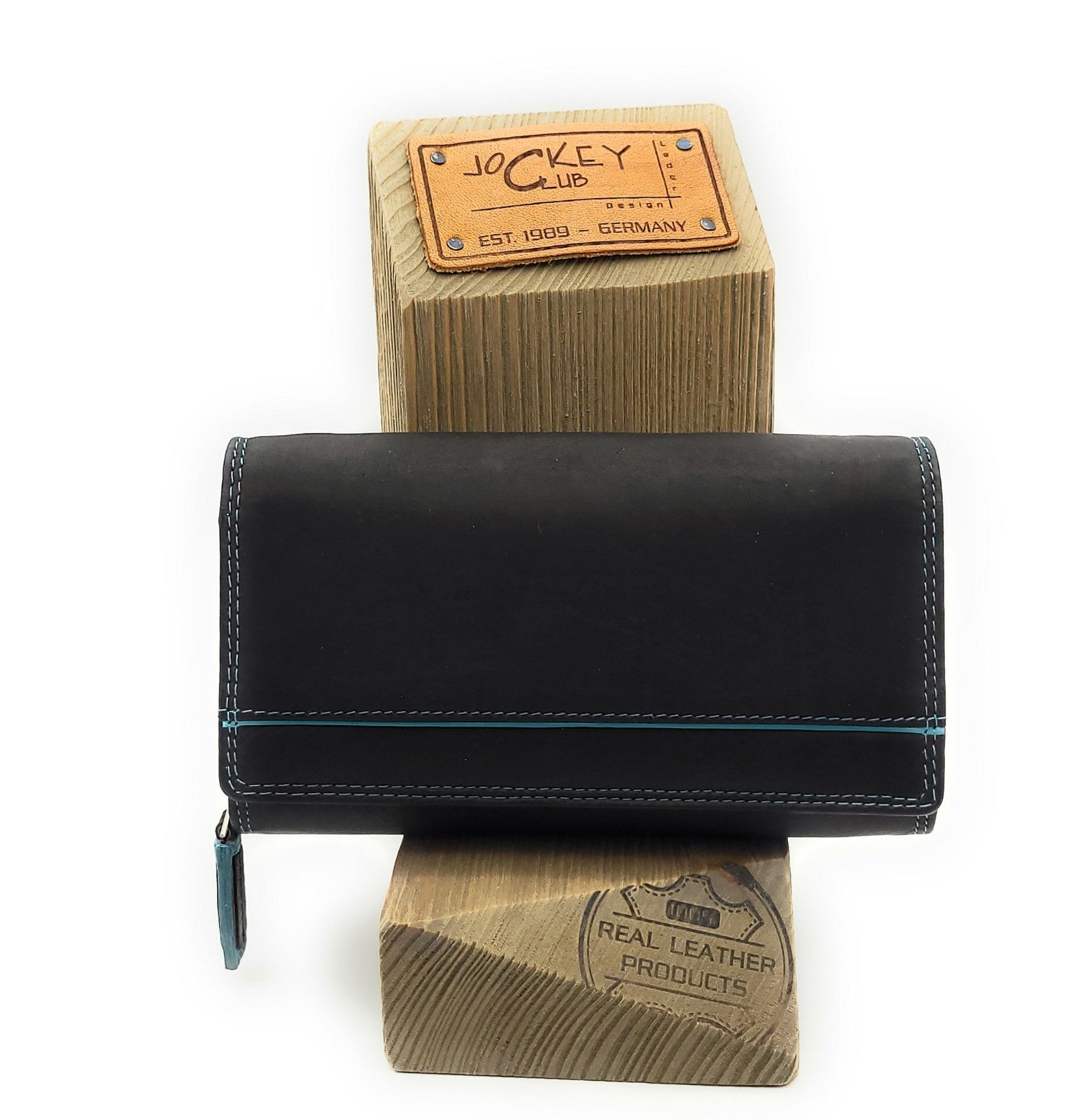 Jockey Club Echt Leder Damen Geldbörse RFID Schutz – Portemonnaie Bicolor Schwarz/Türkis – Viele Fächer, Druckknopf, Reißverschluss, großes Münzfach