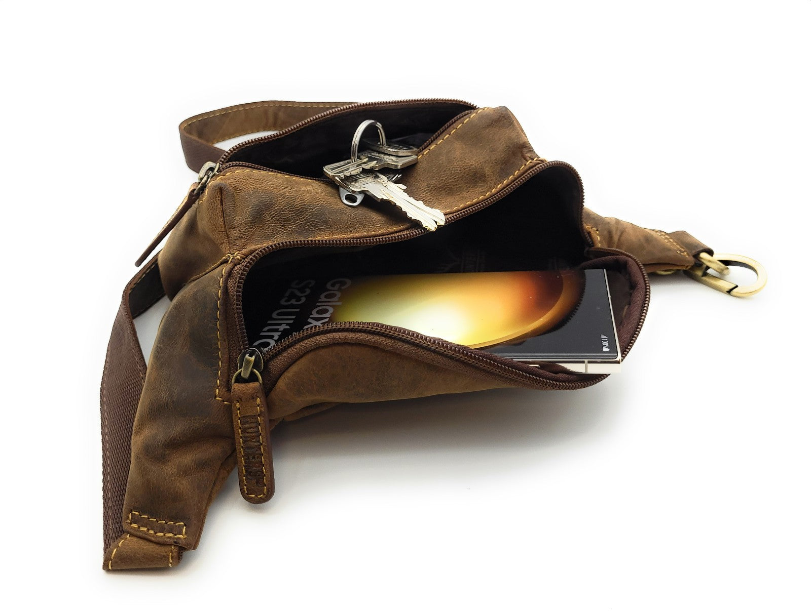 Hunters Bauchtasche aus Hunterleder – Gürteltasche mit Hauptfach, Frontfach & verstellbarem Ledergurt, 30×12×10 cm braun