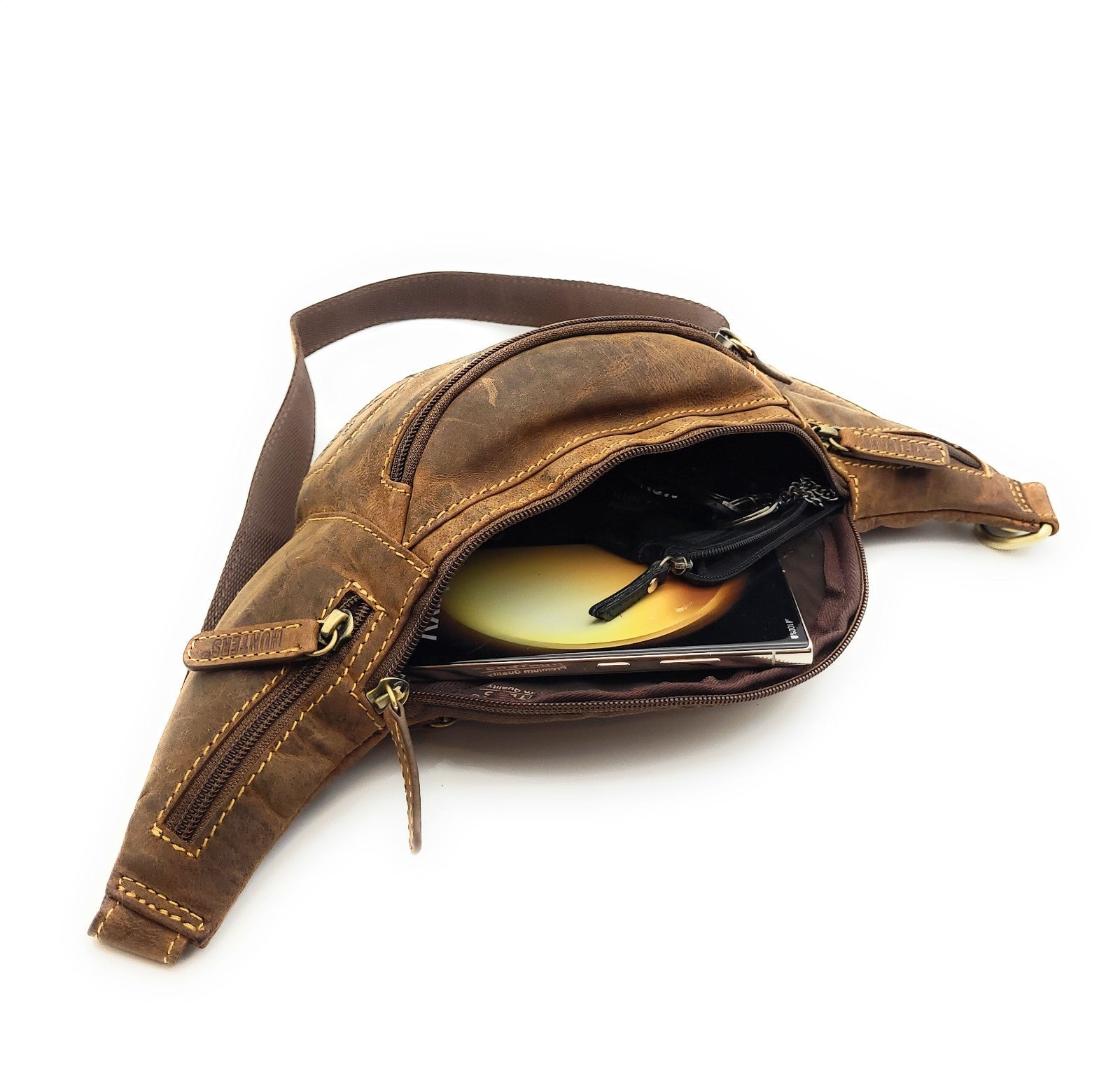 Hunters Bauchtasche aus Hunterleder – robuste Leder-Gürteltasche mit 5 Fächern & verstellbarem Hüftgurt