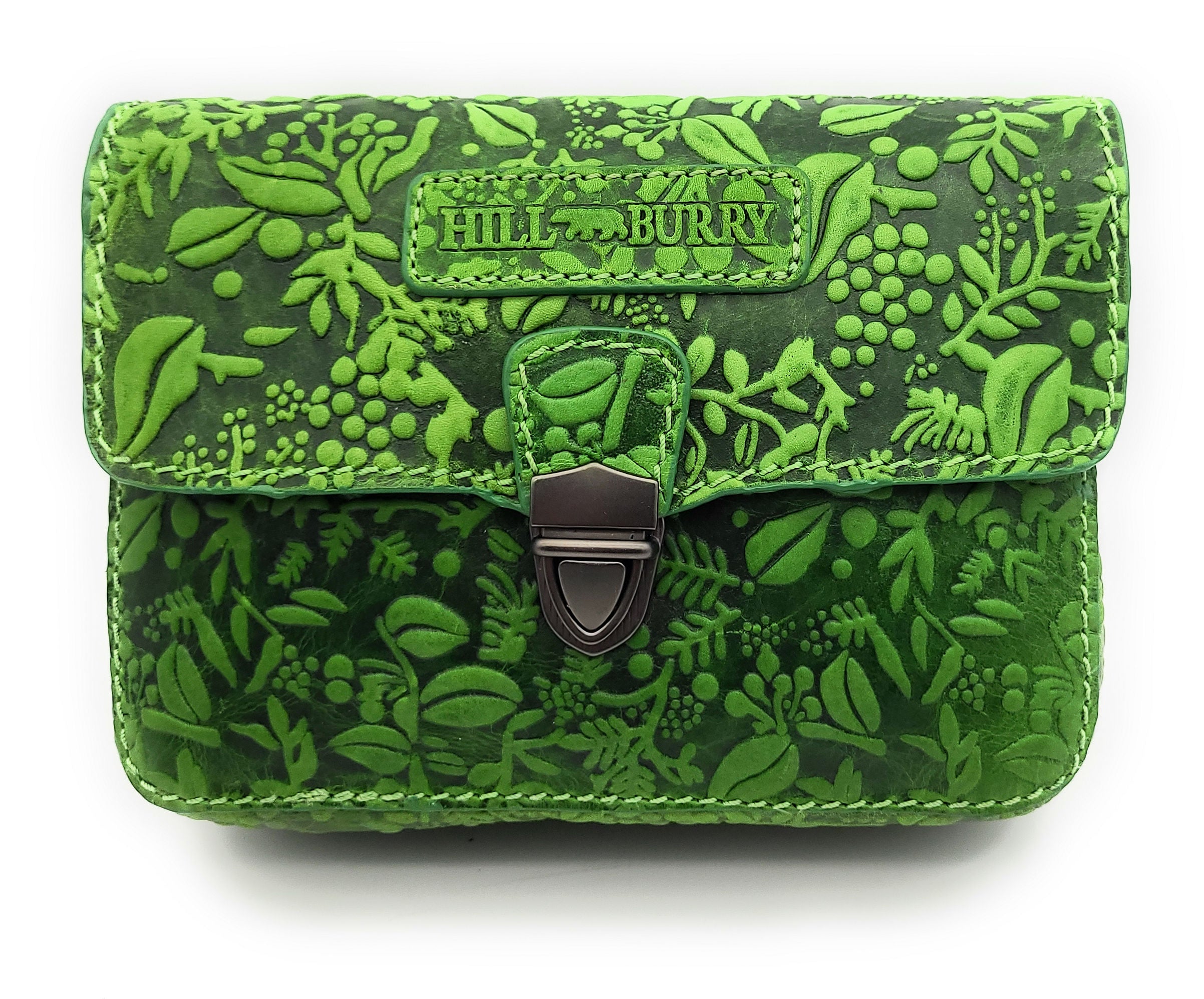 Hill Burry Damen Gürteltasche aus dickem Rindsleder – floral geprägt, 2 Hauptfächer, abnehmbarer Schultergurt