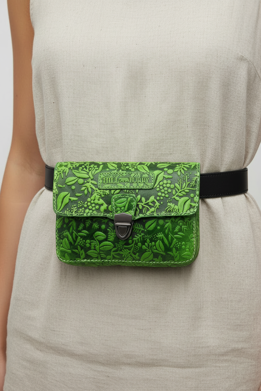 Hill Burry Damen Gürteltasche aus dickem Rindsleder – floral geprägt, 2 Hauptfächer, abnehmbarer Schultergurt