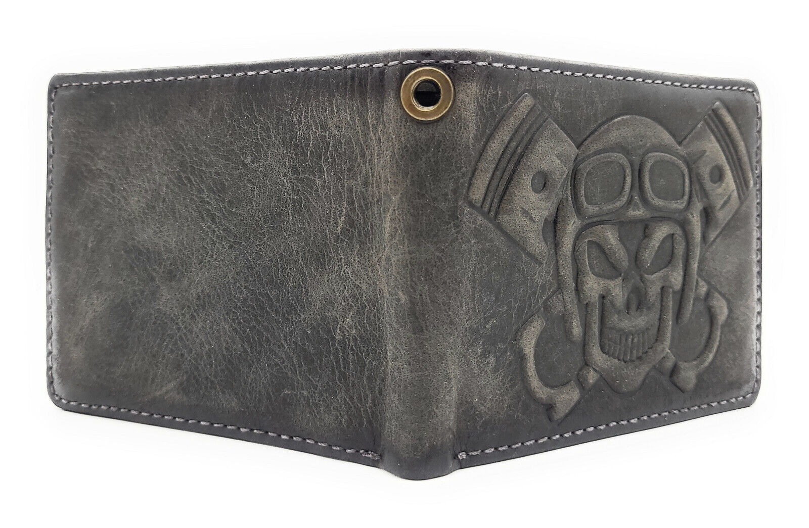Jockey Club echt Leder Biker Geldbörse Portemonnaie 3D Totenkopf mit RFID Schutz grau