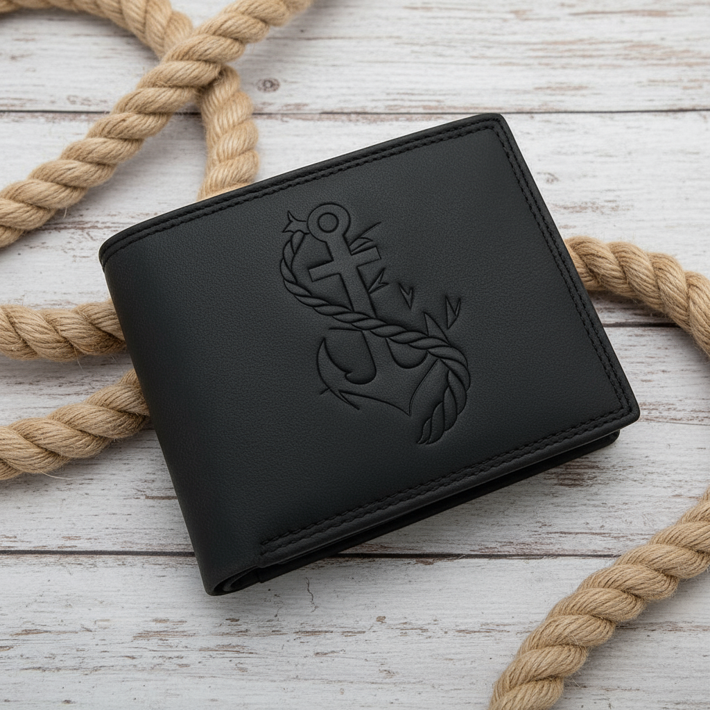 Herren Geldbörse Leder grau mit Anker-Prägung – RFID Schutz, maritime Optik