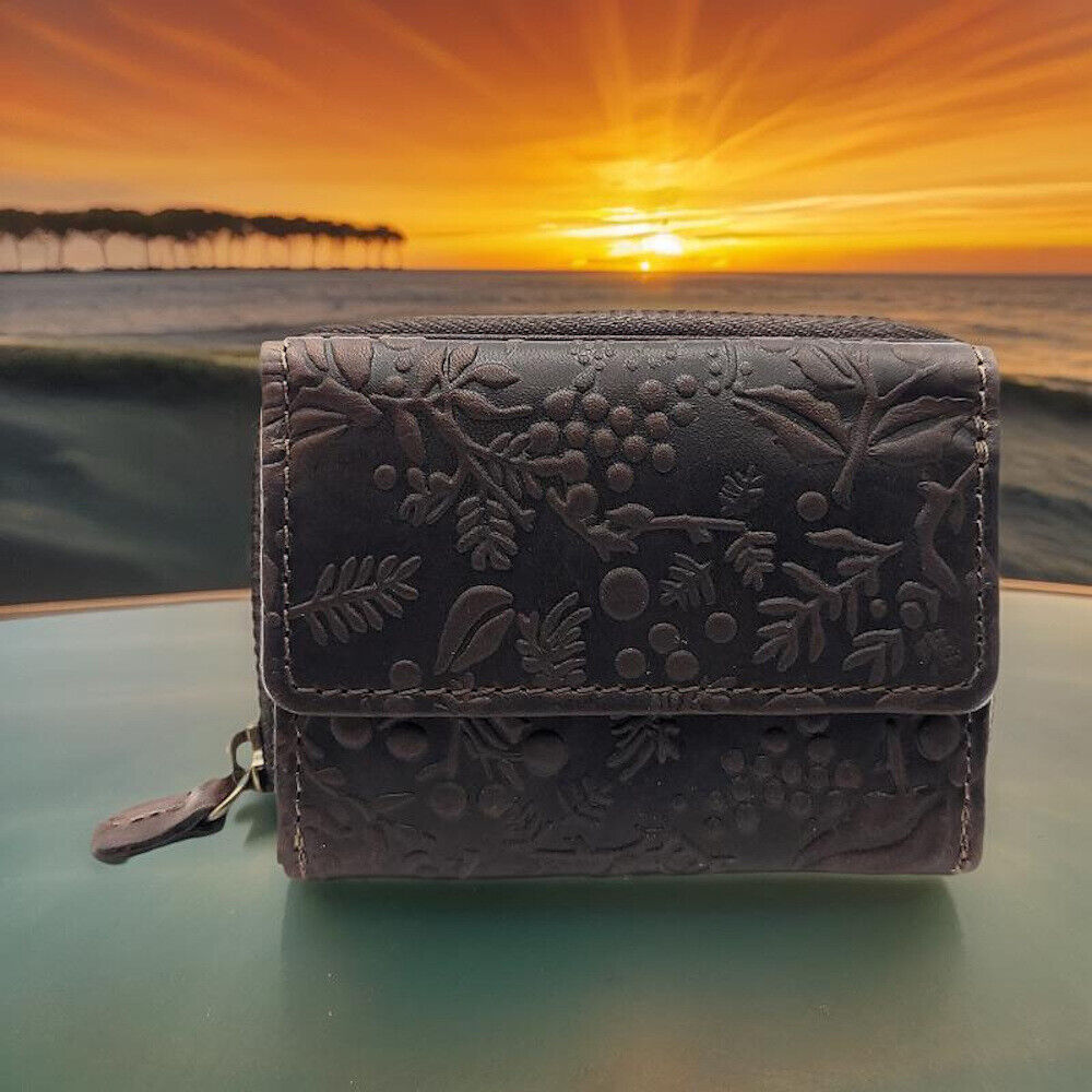 Hill Burry Mini echt Leder Damen Geldbörse Portemonnaie RFID NFC Schutz floral dunkelbraun