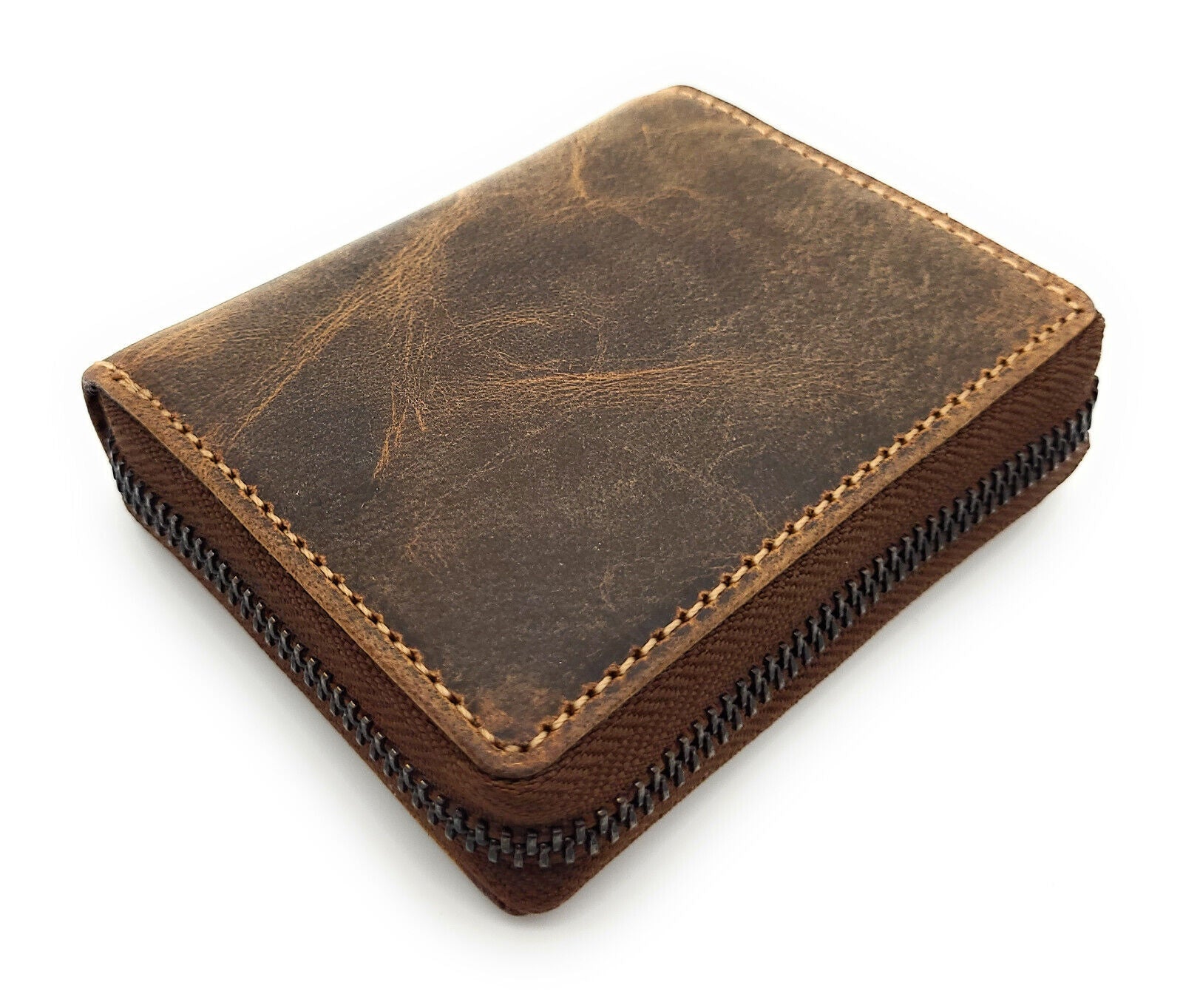 Jockey Club kompakte echt Leder Reißverschluss-Geldbörse Portemonnaie mit RFID Schutz braun